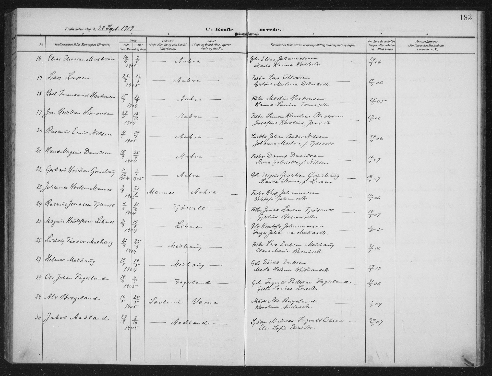 Kopervik sokneprestkontor, SAST/A-101850/H/Ha/Haa/L0005: Parish register (official) no. A 5, 1906-1924, p. 183