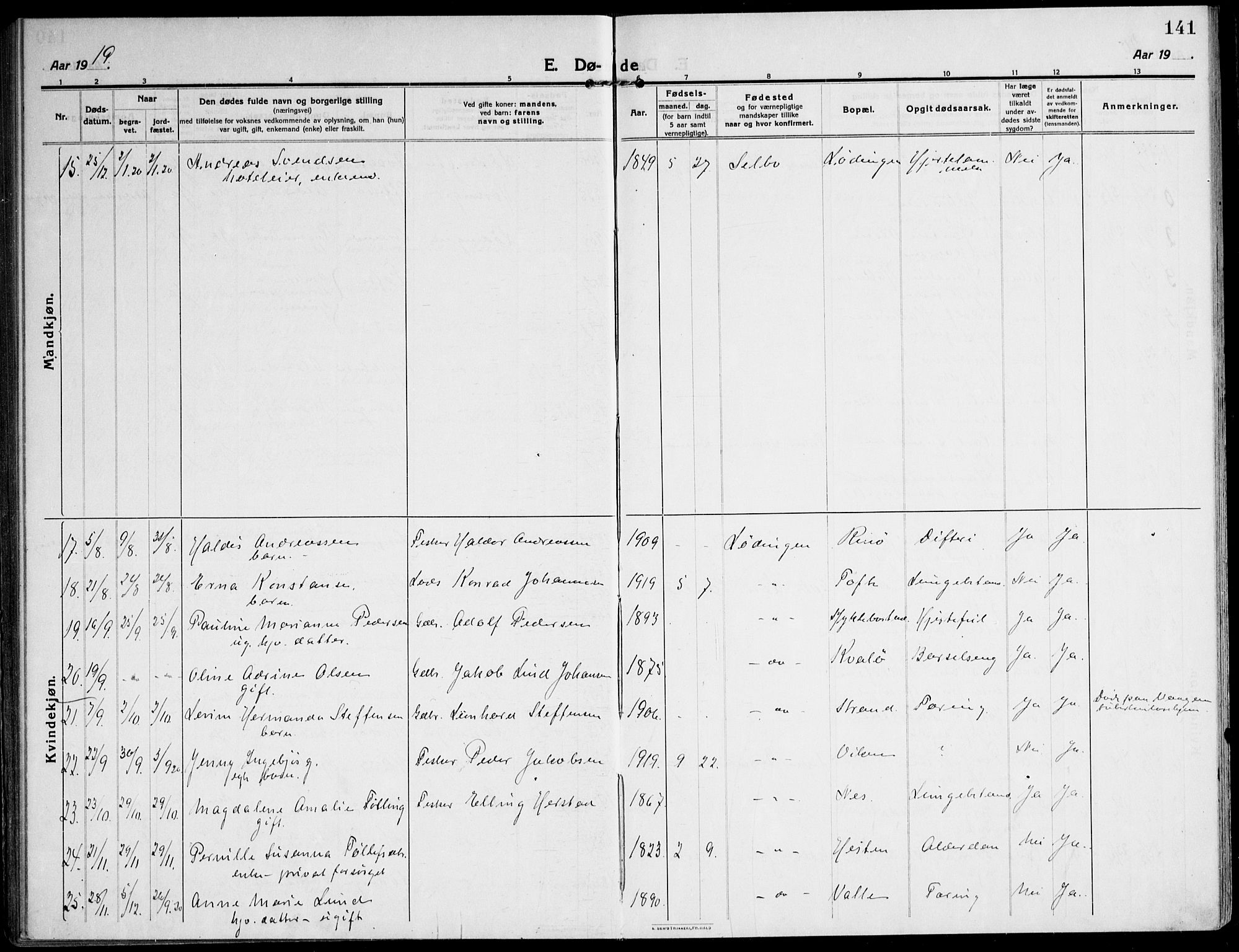 Ministerialprotokoller, klokkerbøker og fødselsregistre - Nordland, AV/SAT-A-1459/872/L1037: Parish register (official) no. 872A12, 1914-1925, p. 141