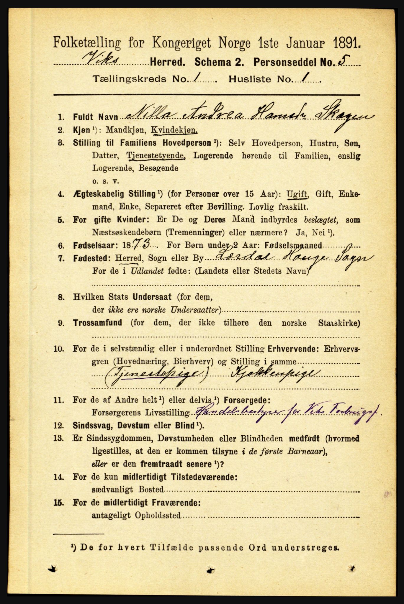 RA, 1891 census for 1417 Vik, 1891, p. 137