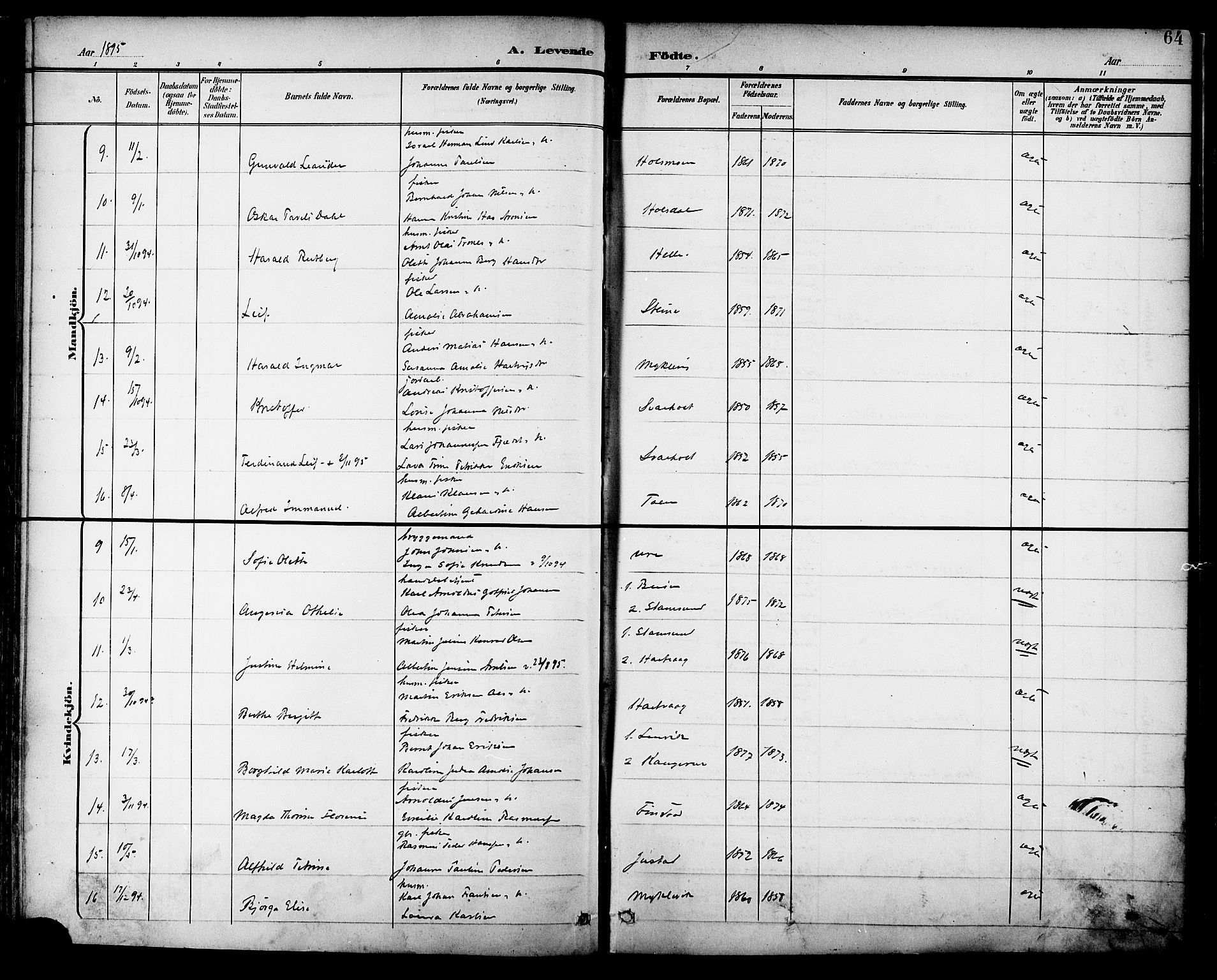Ministerialprotokoller, klokkerbøker og fødselsregistre - Nordland, SAT/A-1459/882/L1179: Parish register (official) no. 882A01, 1886-1898, p. 64