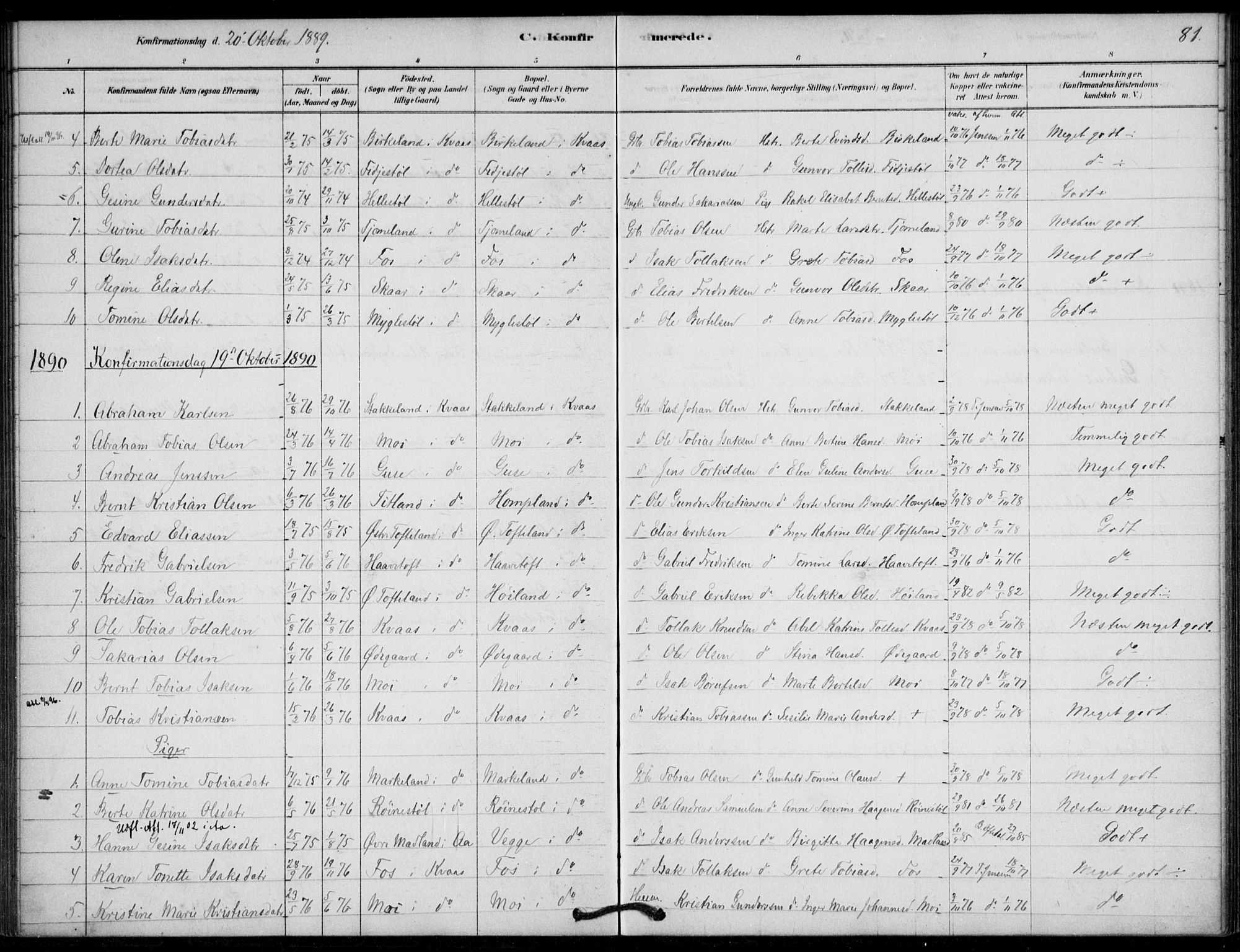 Lyngdal sokneprestkontor, SAK/1111-0029/F/Fa/Fab/L0003: Parish register (official) no. A 3, 1878-1903, p. 81