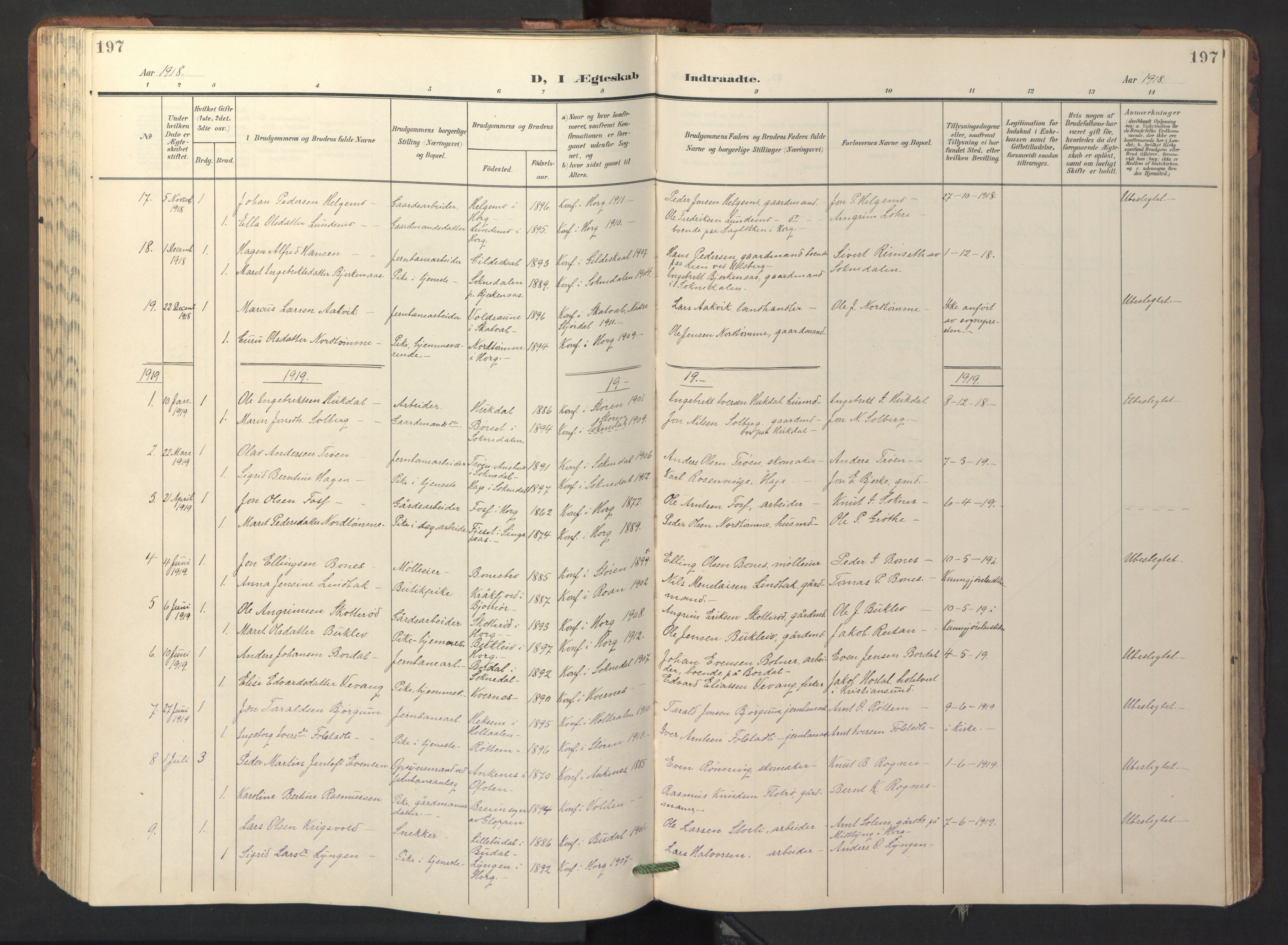 Ministerialprotokoller, klokkerbøker og fødselsregistre - Sør-Trøndelag, SAT/A-1456/687/L1019: Parish register (copy) no. 687C03, 1904-1931, p. 197