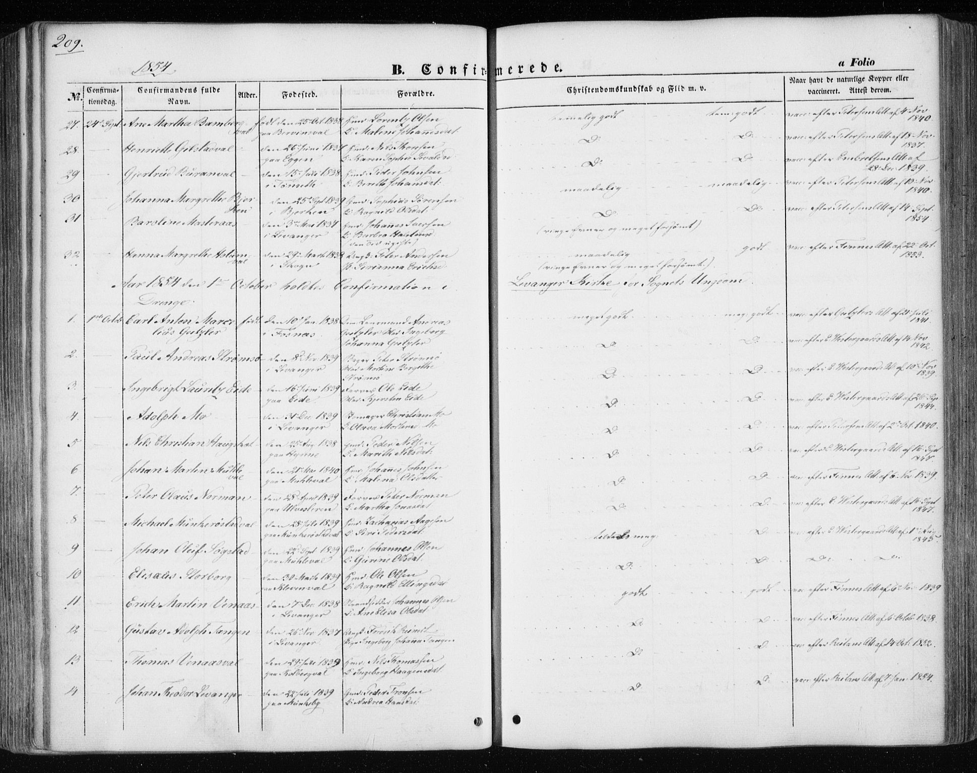 Ministerialprotokoller, klokkerbøker og fødselsregistre - Nord-Trøndelag, AV/SAT-A-1458/717/L0154: Parish register (official) no. 717A07 /1, 1850-1862, p. 209