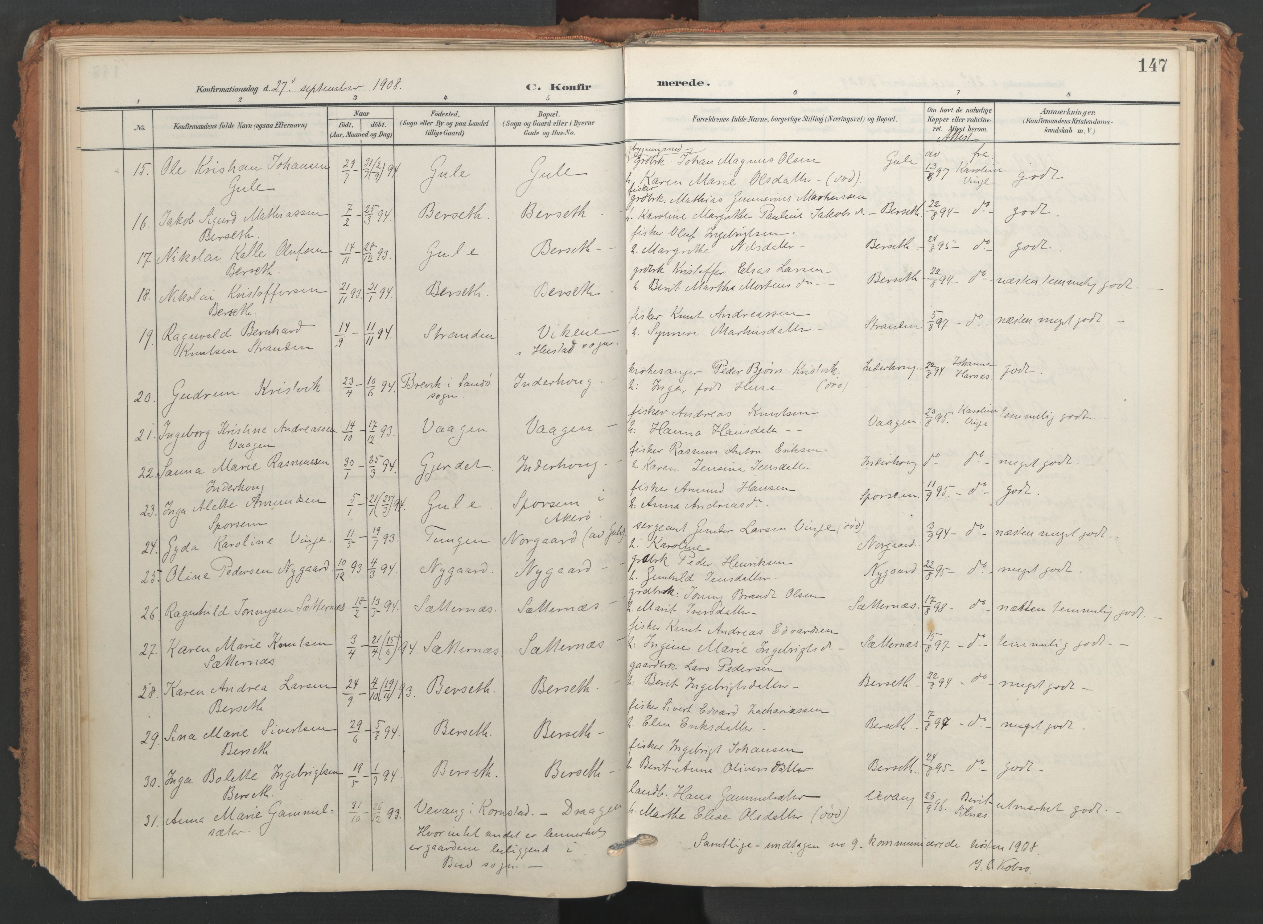 Ministerialprotokoller, klokkerbøker og fødselsregistre - Møre og Romsdal, AV/SAT-A-1454/566/L0771: Parish register (official) no. 566A10, 1904-1929, p. 147