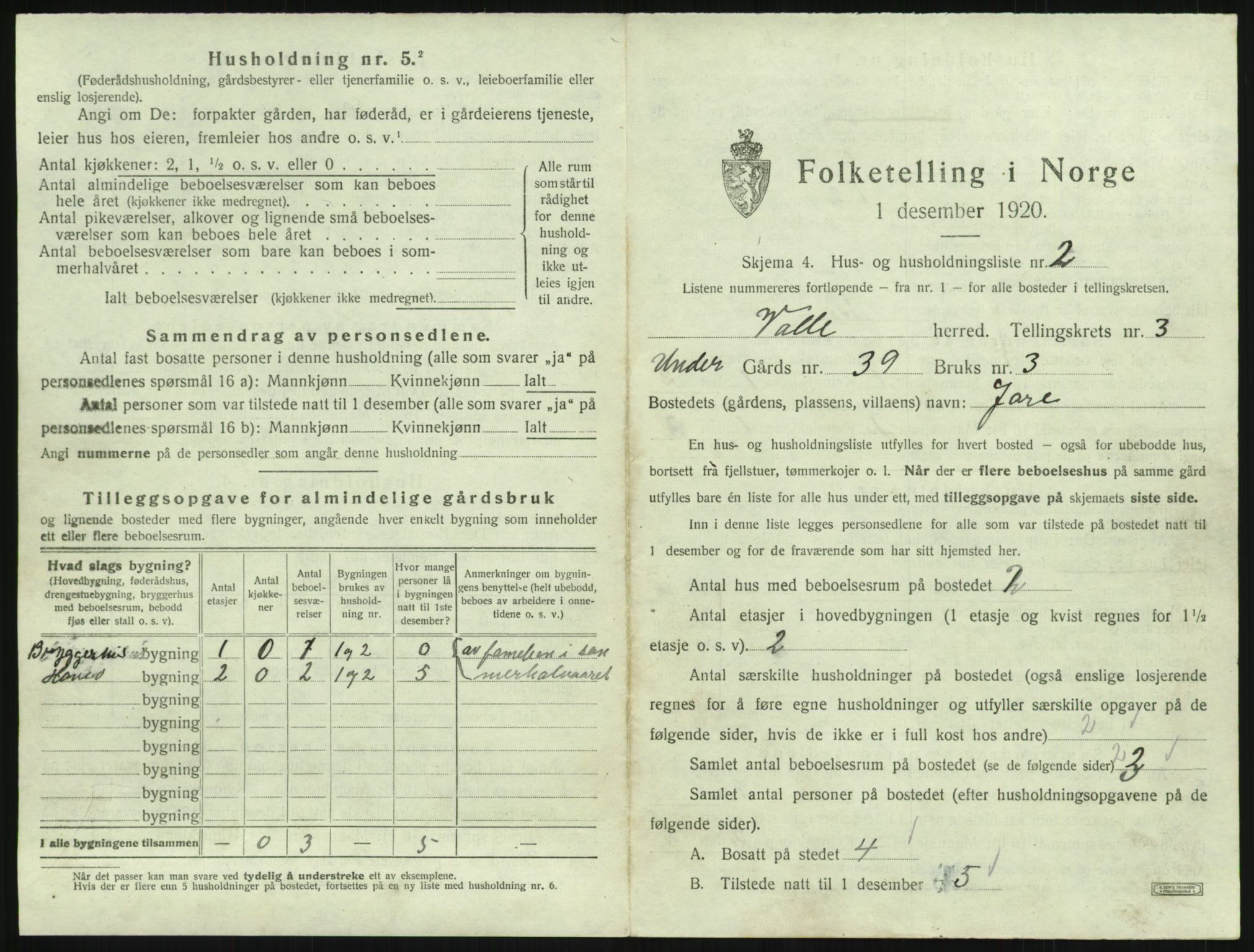 SAK, 1920 census for Valle, 1920, p. 225