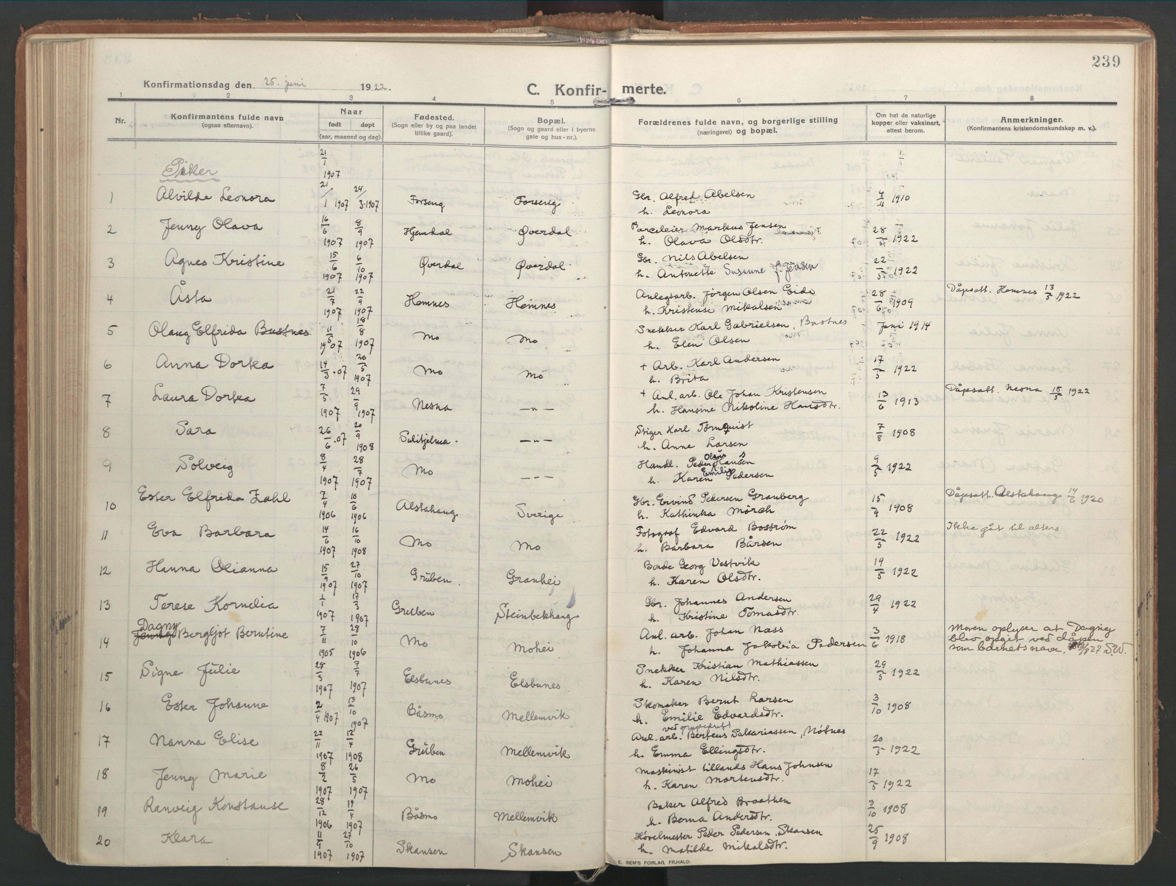 Ministerialprotokoller, klokkerbøker og fødselsregistre - Nordland, AV/SAT-A-1459/827/L0404: Parish register (official) no. 827A16, 1912-1925, p. 239