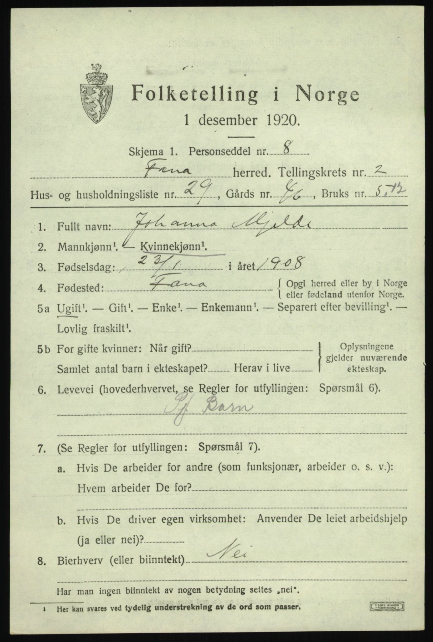 SAB, 1920 census for Fana, 1920, p. 4797