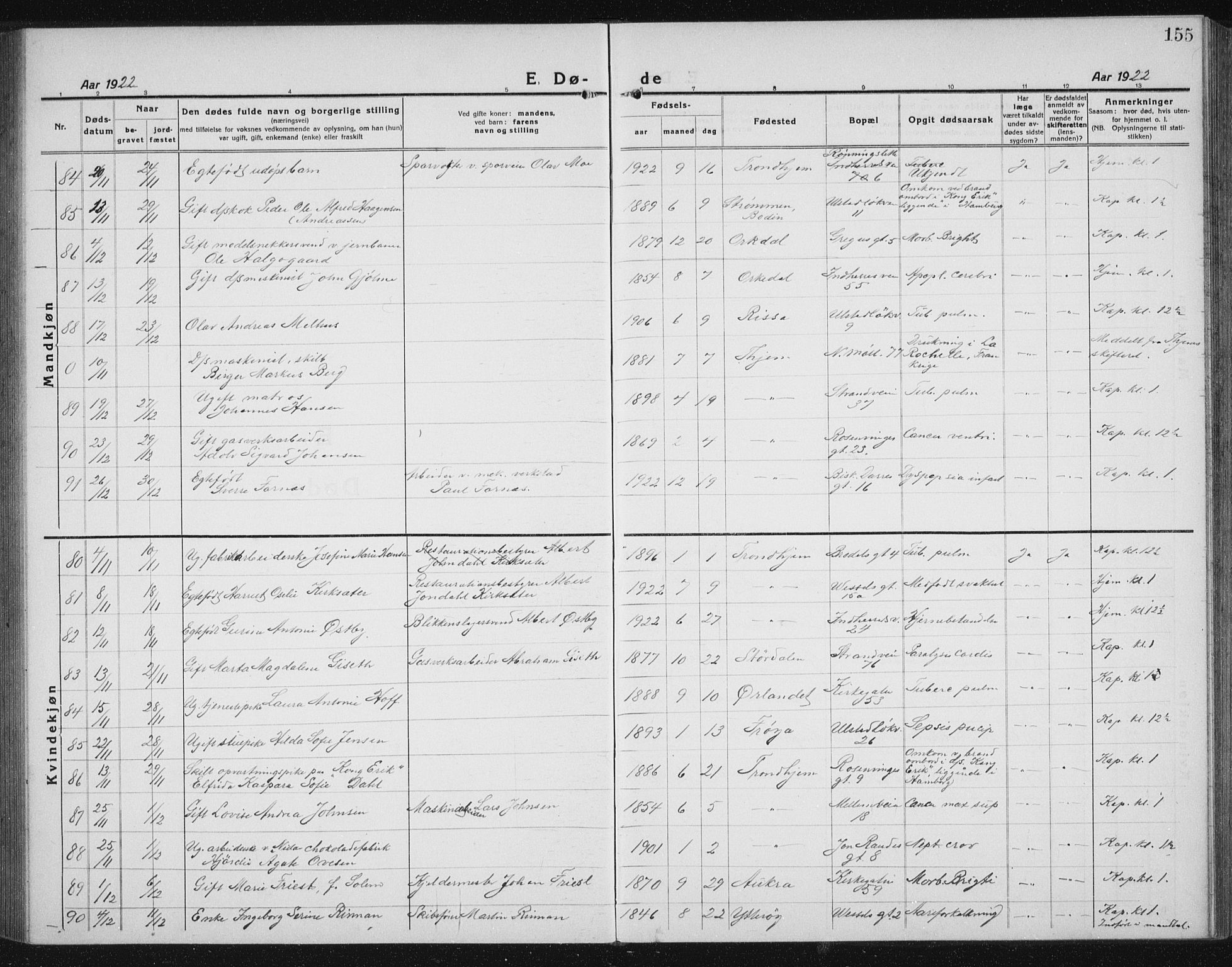 Ministerialprotokoller, klokkerbøker og fødselsregistre - Sør-Trøndelag, SAT/A-1456/605/L0260: Parish register (copy) no. 605C07, 1922-1942, p. 155