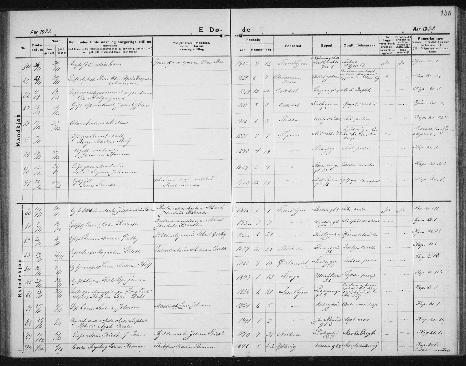 Ministerialprotokoller, klokkerbøker og fødselsregistre - Sør-Trøndelag, AV/SAT-A-1456/605/L0260: Parish register (copy) no. 605C07, 1922-1942, p. 155