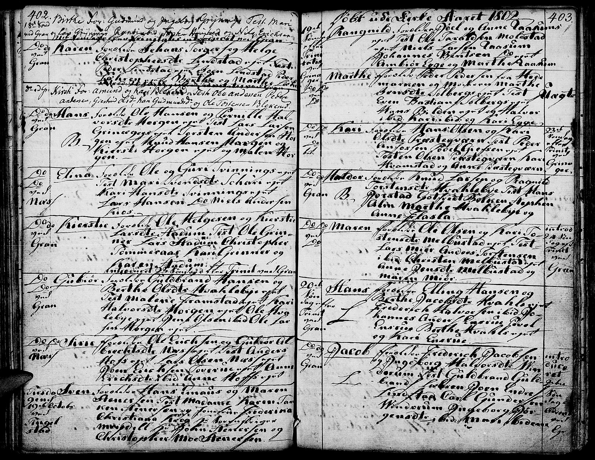 Gran prestekontor, AV/SAH-PREST-112/H/Ha/Haa/L0006: Parish register (official) no. 6, 1787-1824, p. 402-403