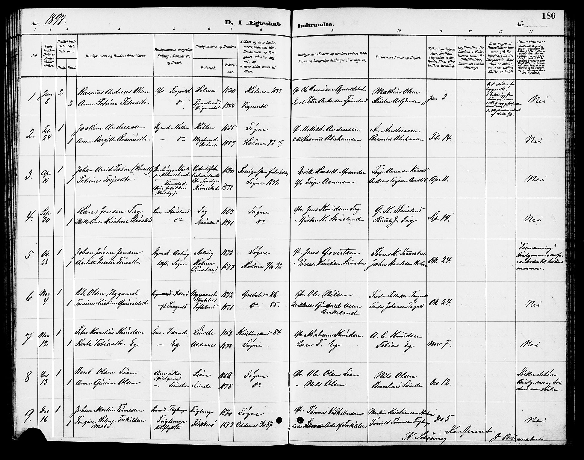 Søgne sokneprestkontor, SAK/1111-0037/F/Fb/Fbb/L0006: Parish register (copy) no. B 6, 1892-1911, p. 186