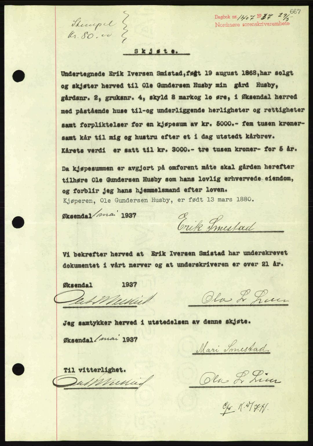 Nordmøre sorenskriveri, AV/SAT-A-4132/1/2/2Ca: Mortgage book no. A81, 1937-1937, Diary no: : 1407/1937