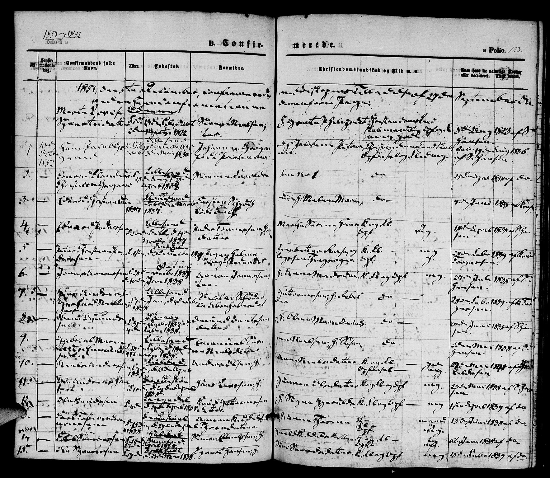 Vestre Moland sokneprestkontor, SAK/1111-0046/F/Fa/Fab/L0006: Parish register (official) no. A 6, 1850-1858, p. 123