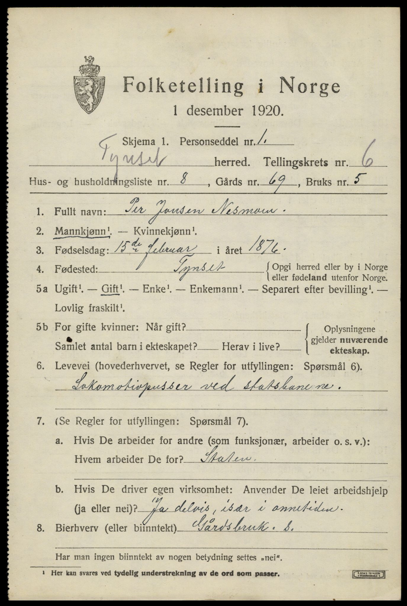 SAH, 1920 census for Tynset, 1920, p. 5616