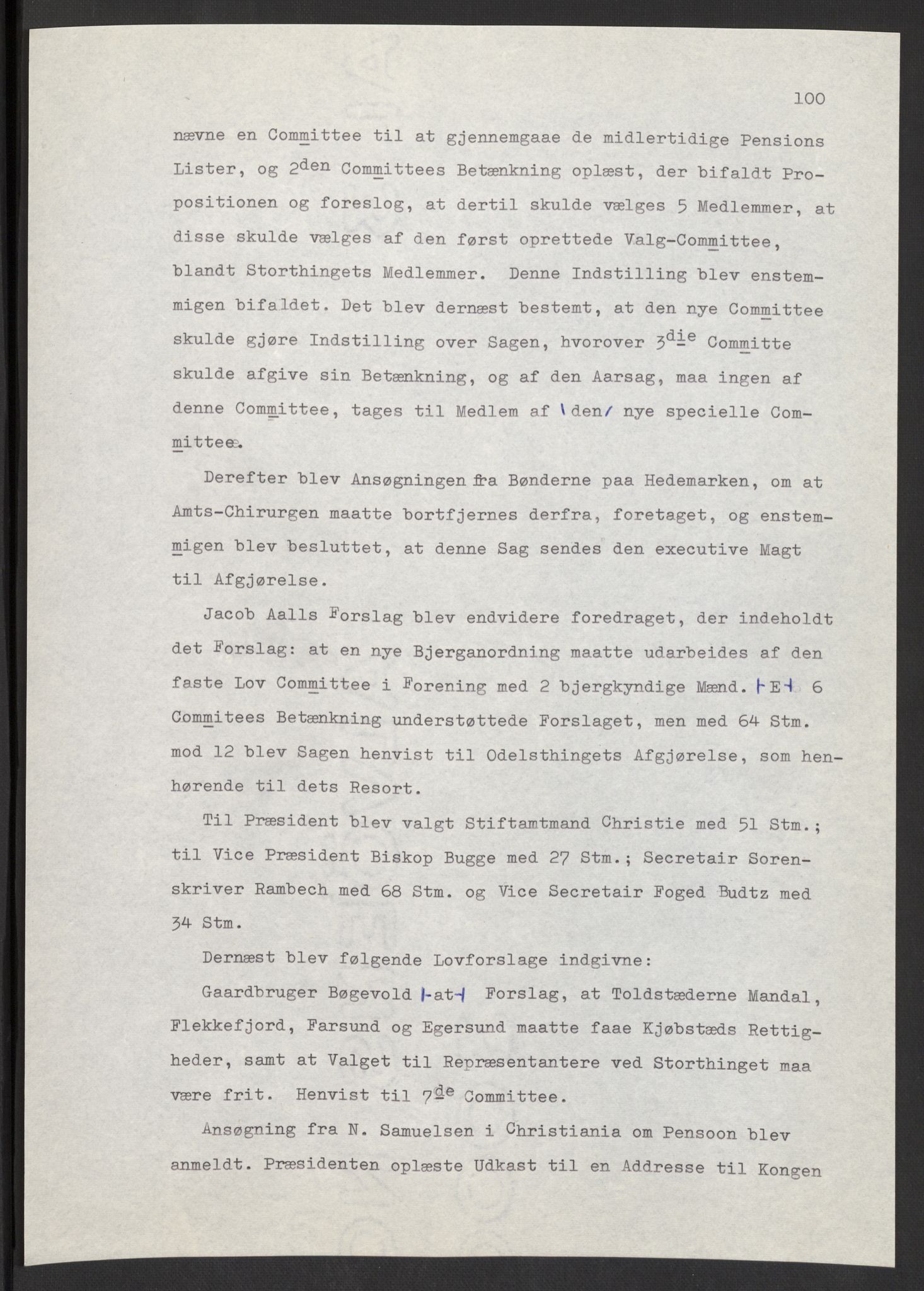 Manuskriptsamlingen, AV/RA-EA-3667/F/L0197: Wetlesen, Hans Jørgen (stortingsmann, ingeniørkaptein); Referat fra Stortinget 1815-1816, 1815-1816, p. 100