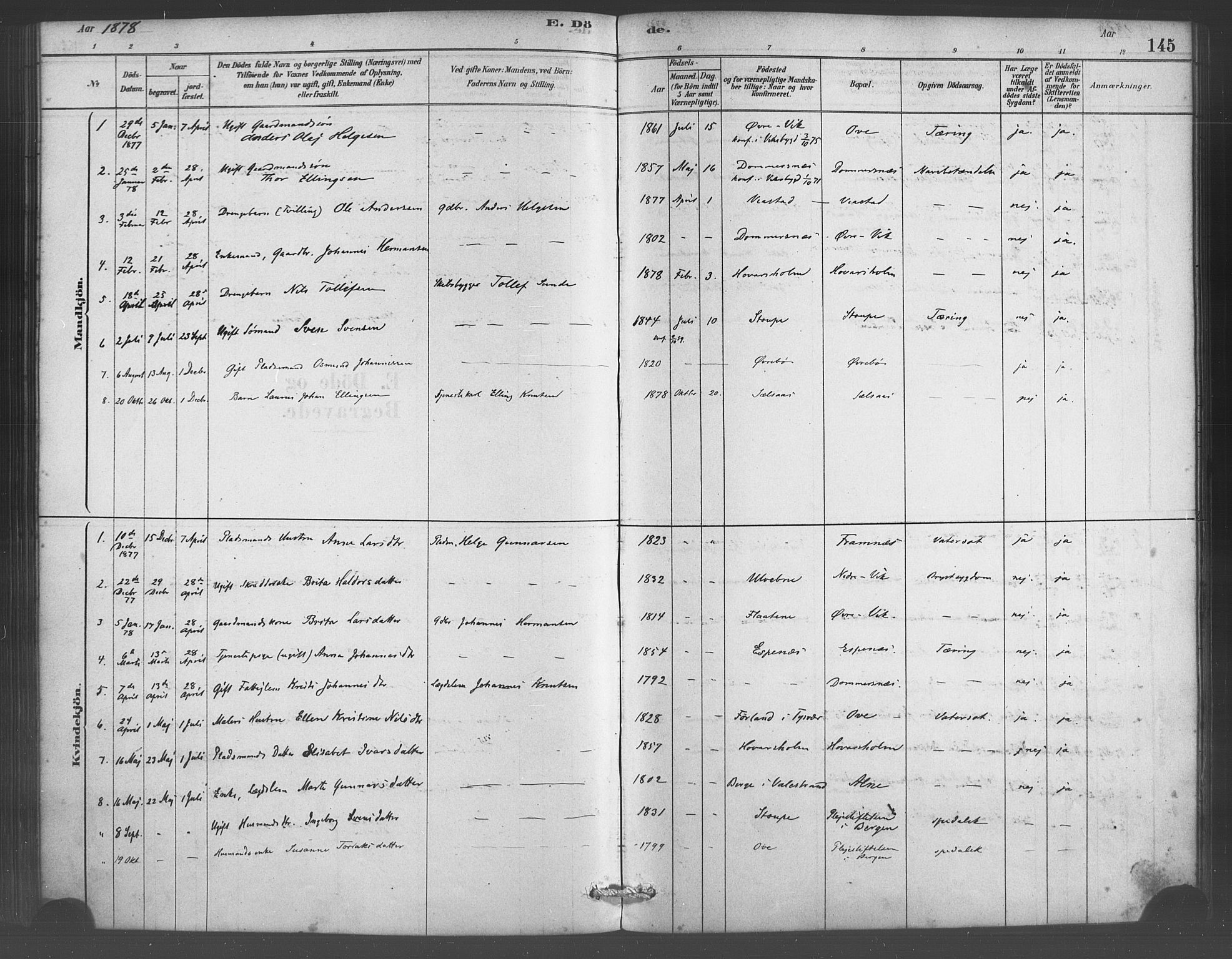 Sveio Sokneprestembete, SAB/A-78501/H/Haa: Parish register (official) no. D 1, 1878-1894, p. 145