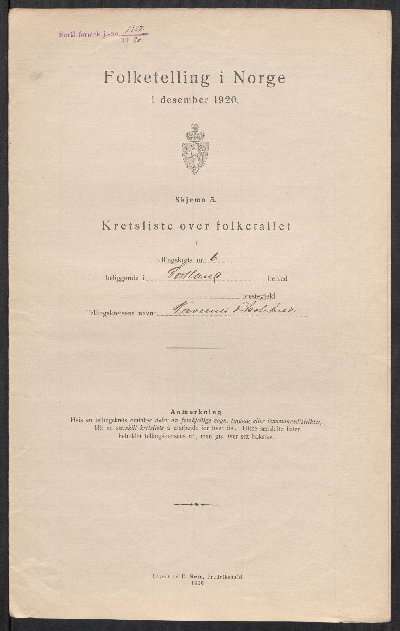 SAT, 1920 census for Sortland, 1920, p. 29