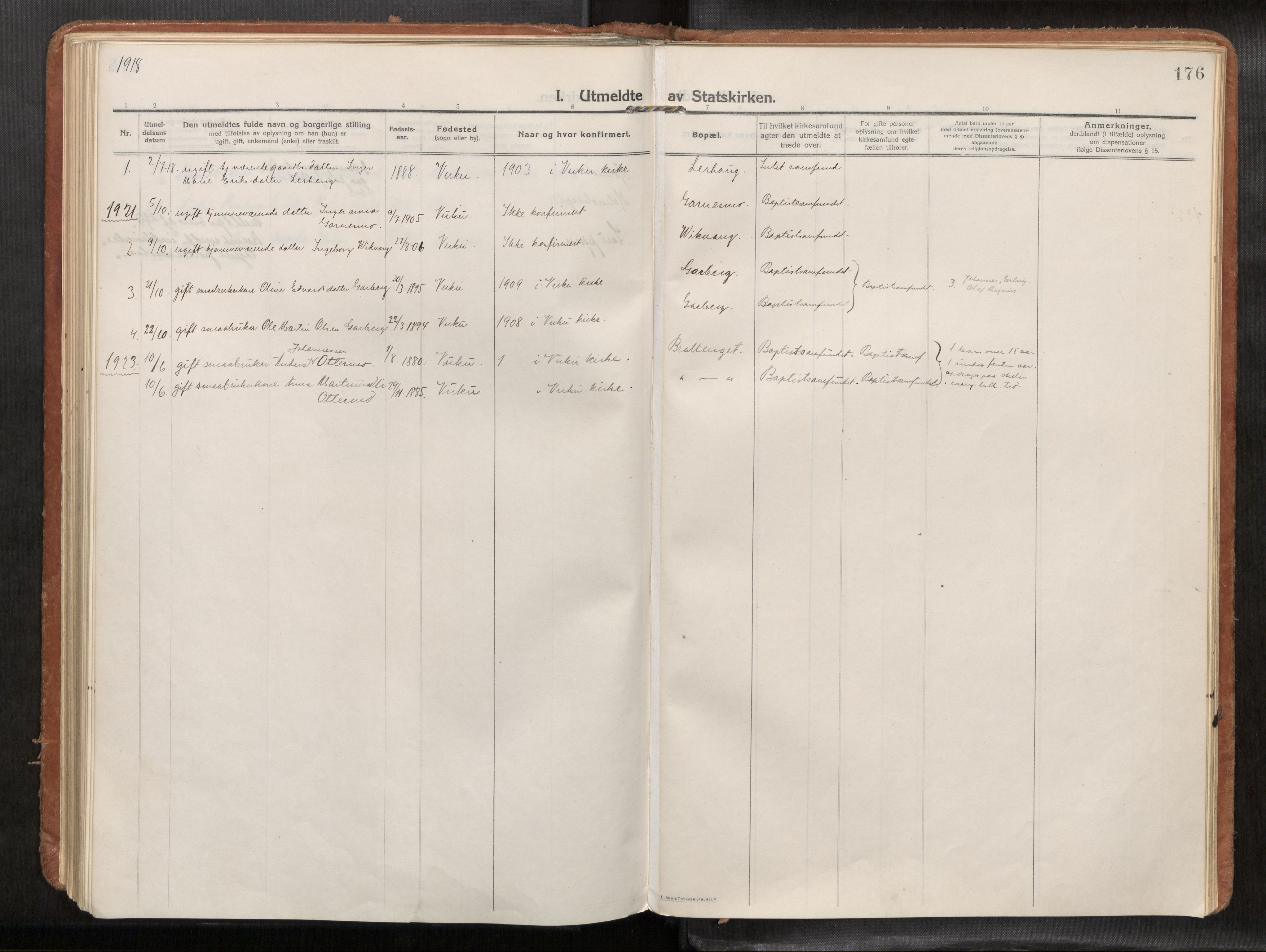 Verdal sokneprestkontor, SAT/A-1156/2/H/Haa/L0004: Parish register (official) no. 4, 1916-1928, p. 176
