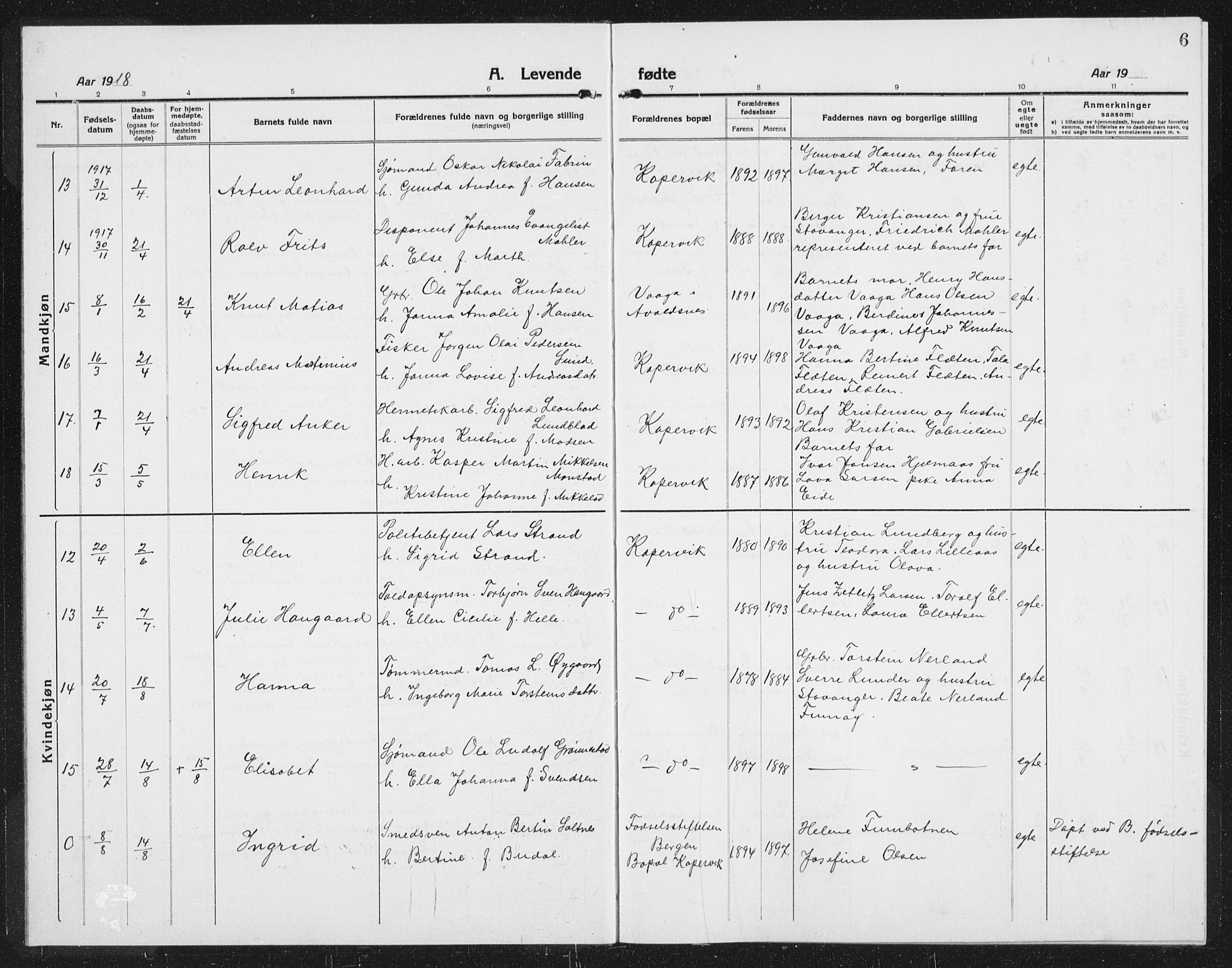 Kopervik sokneprestkontor, AV/SAST-A-101850/H/Ha/Hab/L0006: Parish register (copy) no. B 6, 1918-1942, p. 6