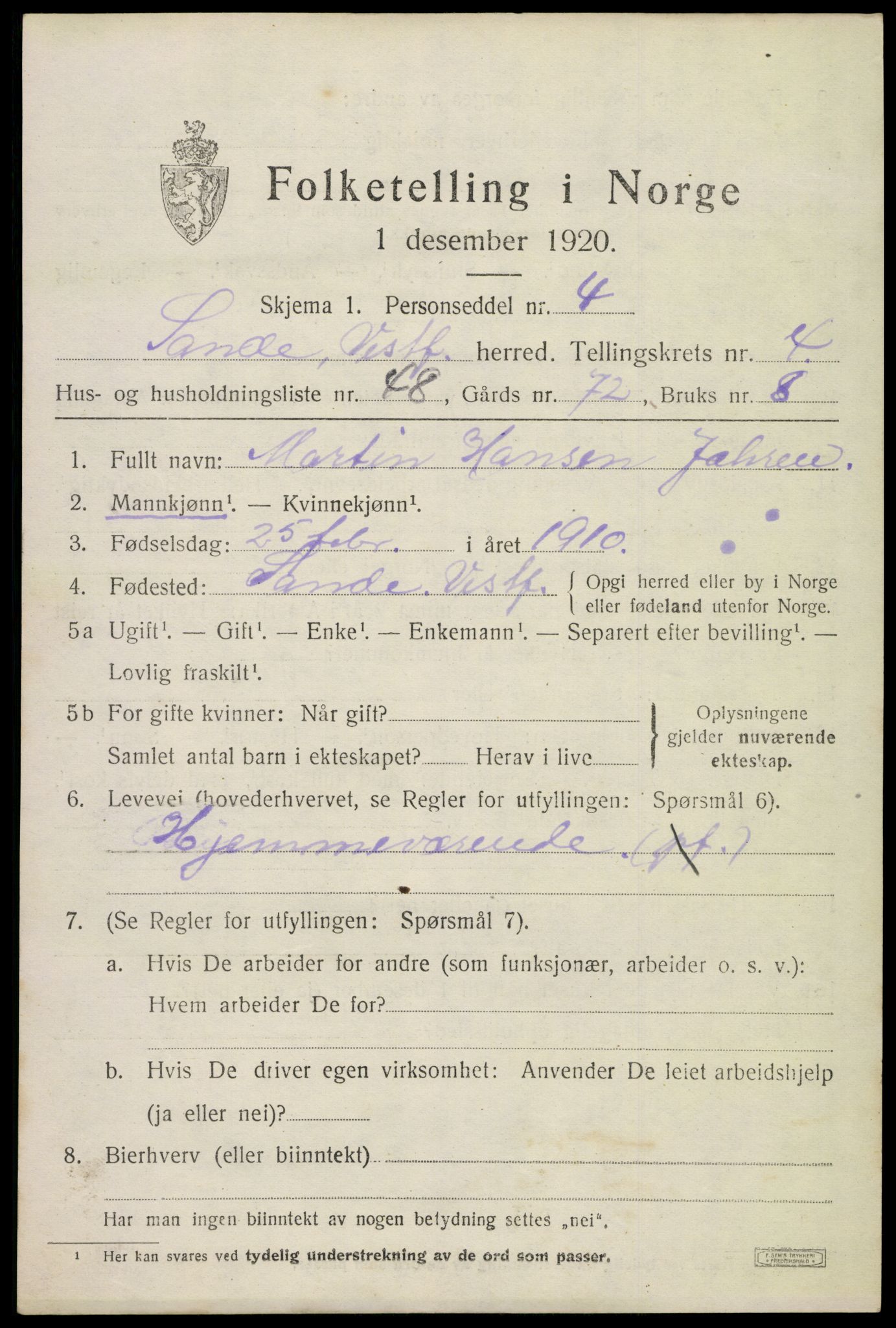 SAKO, 1920 census for Sande, 1920, p. 6124