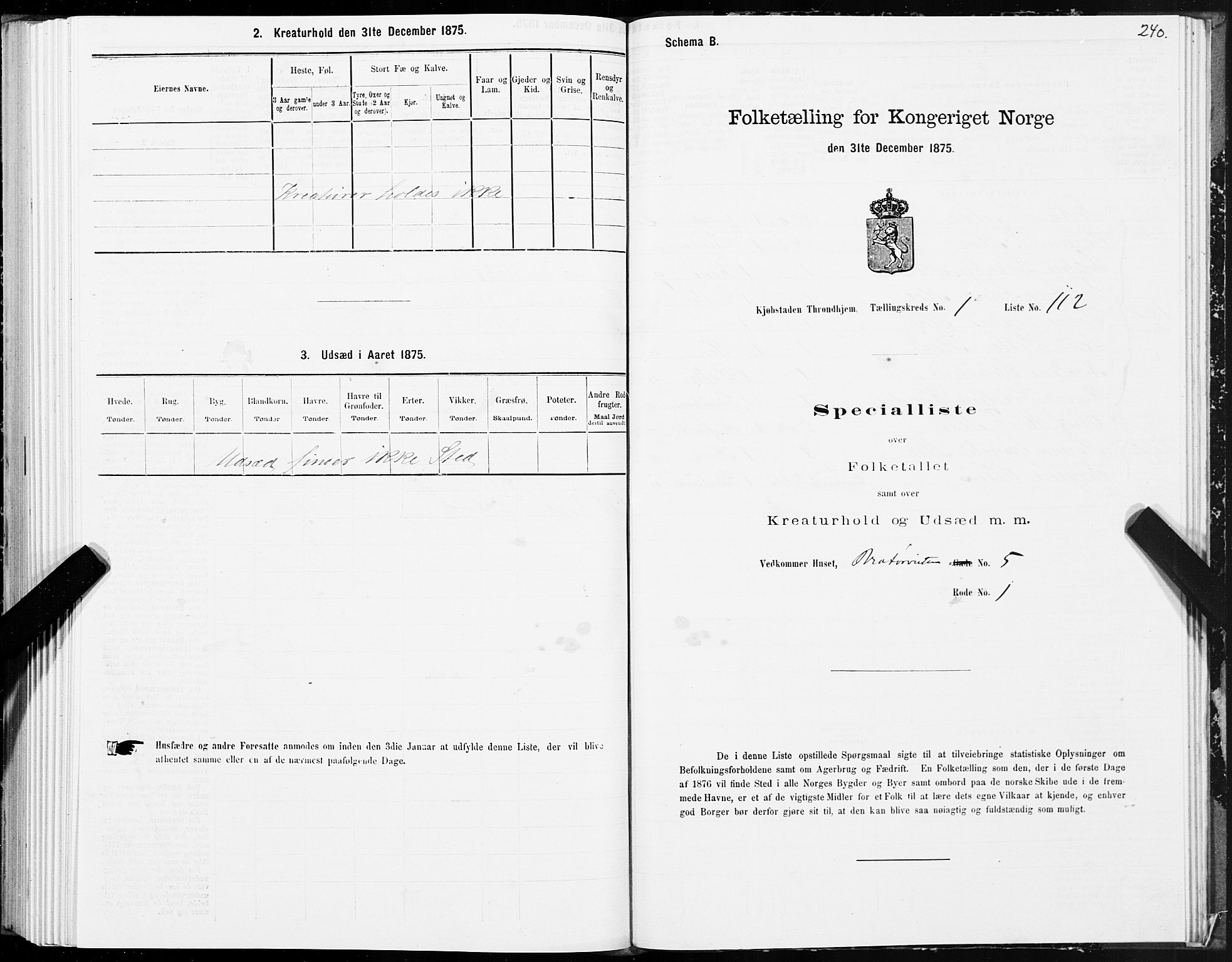 SAT, 1875 census for 1601 Trondheim, 1875, p. 1240