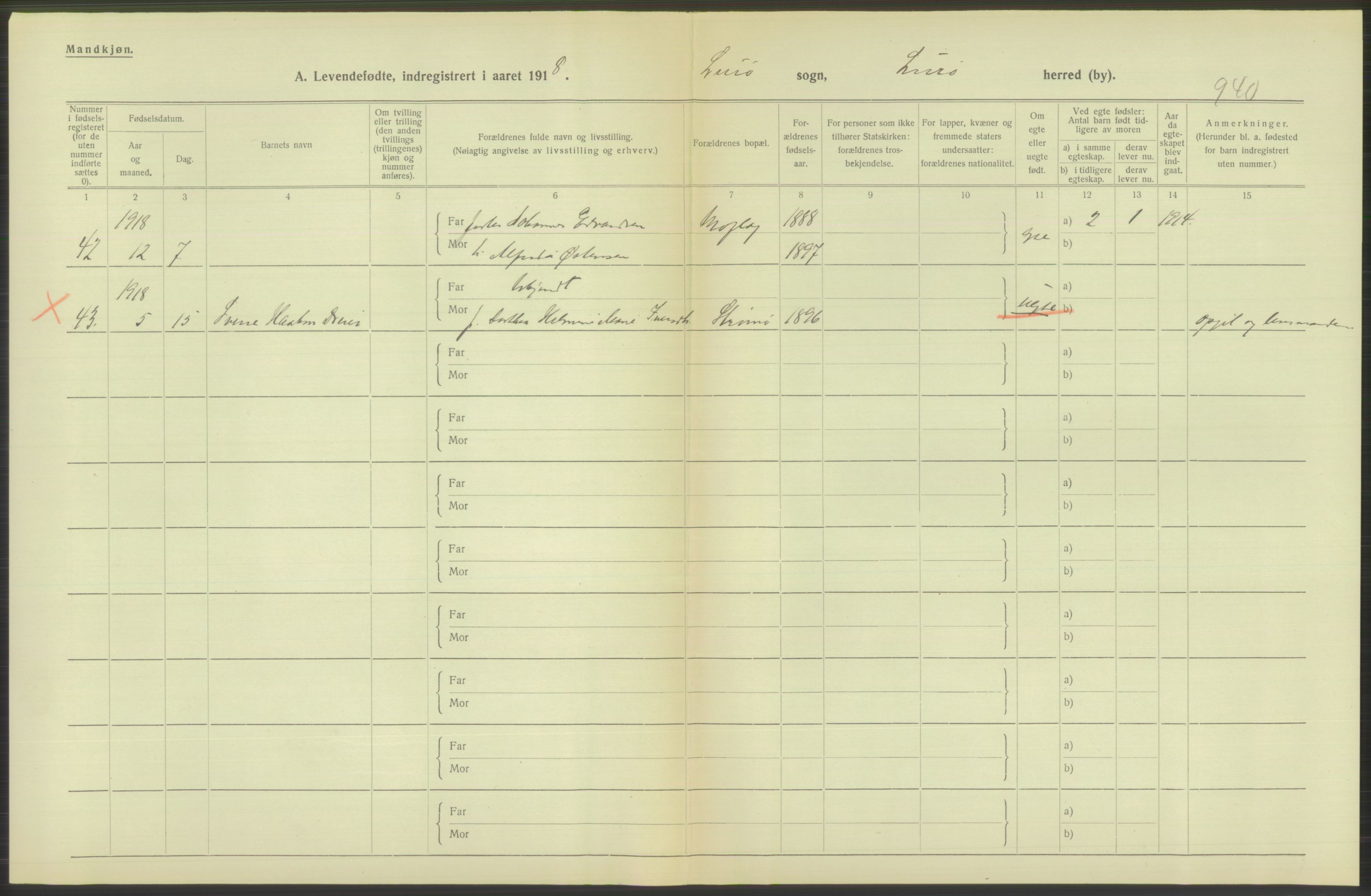 Statistisk sentralbyrå, Sosiodemografiske emner, Befolkning, AV/RA-S-2228/D/Df/Dfb/Dfbh/L0052: Nordland fylke: Levendefødte menn og kvinner. Bygder., 1918, p. 580