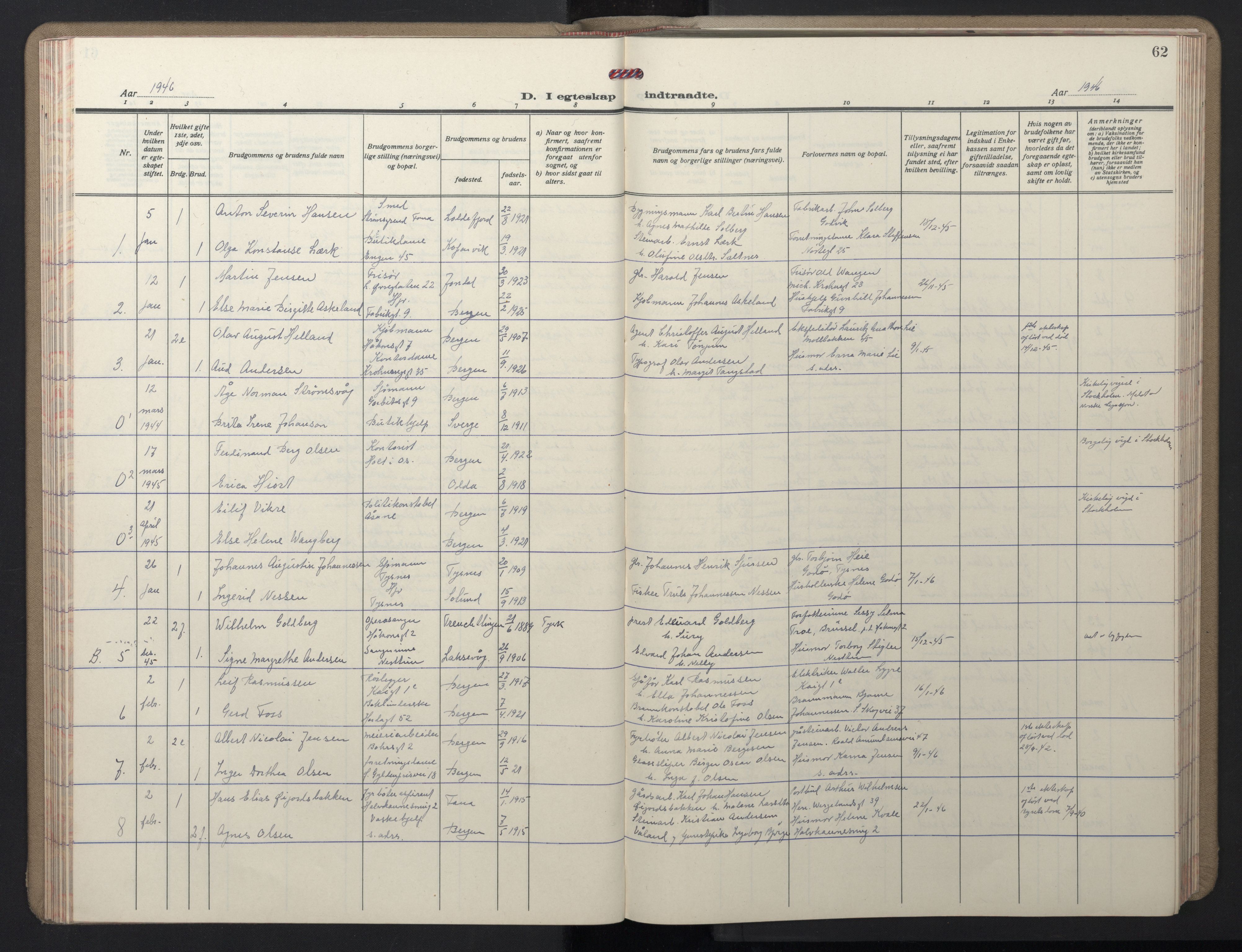 Domkirken sokneprestembete, SAB/A-74801/H/Hab/L0035: Parish register (copy) no. D 7, 1941-1953, p. 62