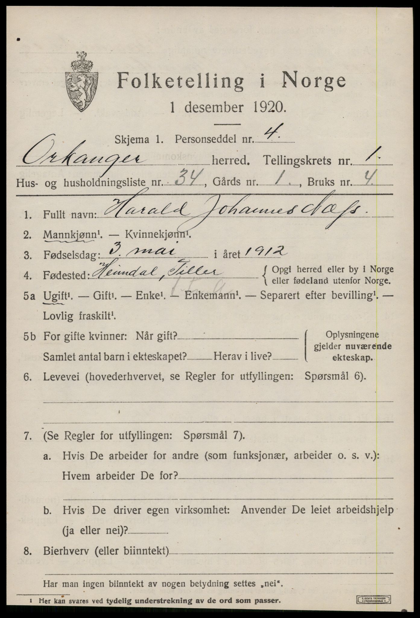 SAT, 1920 census for Orkanger, 1920, p. 1185