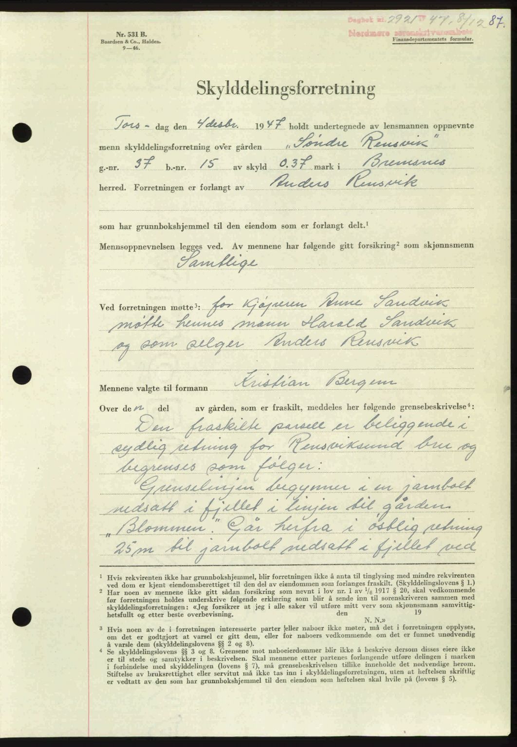 Nordmøre sorenskriveri, AV/SAT-A-4132/1/2/2Ca: Mortgage book no. A107, 1947-1948, Diary no: : 2921/1947