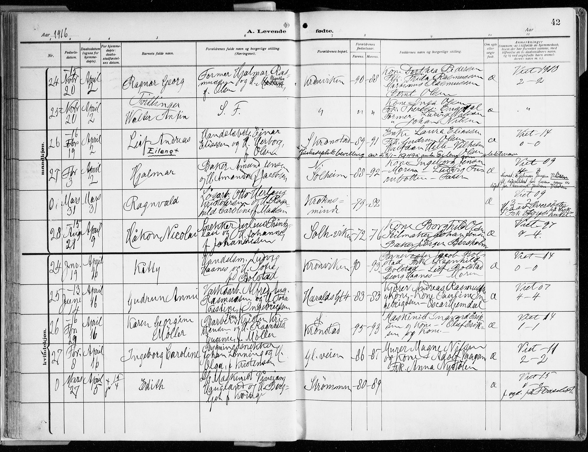 Årstad Sokneprestembete, AV/SAB-A-79301/H/Haa/L0003: Parish register (official) no. A 3, 1914-1919, p. 42