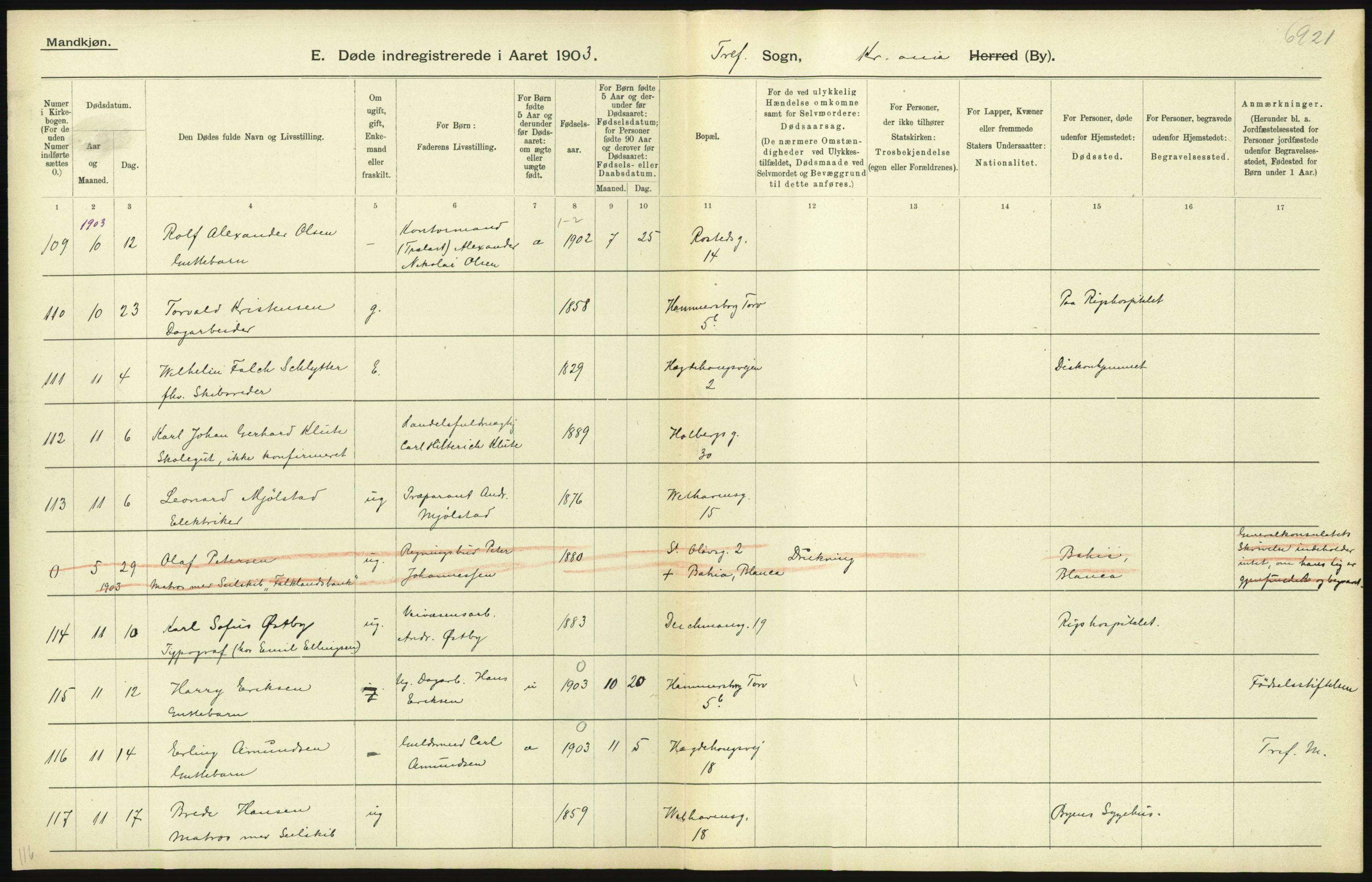 Statistisk sentralbyrå, Sosiodemografiske emner, Befolkning, AV/RA-S-2228/D/Df/Dfa/Dfaa/L0004: Kristiania: Gifte, døde, 1903, p. 129