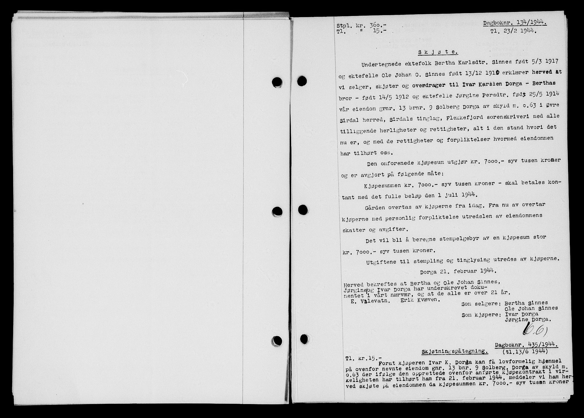 Flekkefjord sorenskriveri, SAK/1221-0001/G/Gb/Gba/L0059: Mortgage book no. A-7, 1944-1945, Diary no: : 134/1944