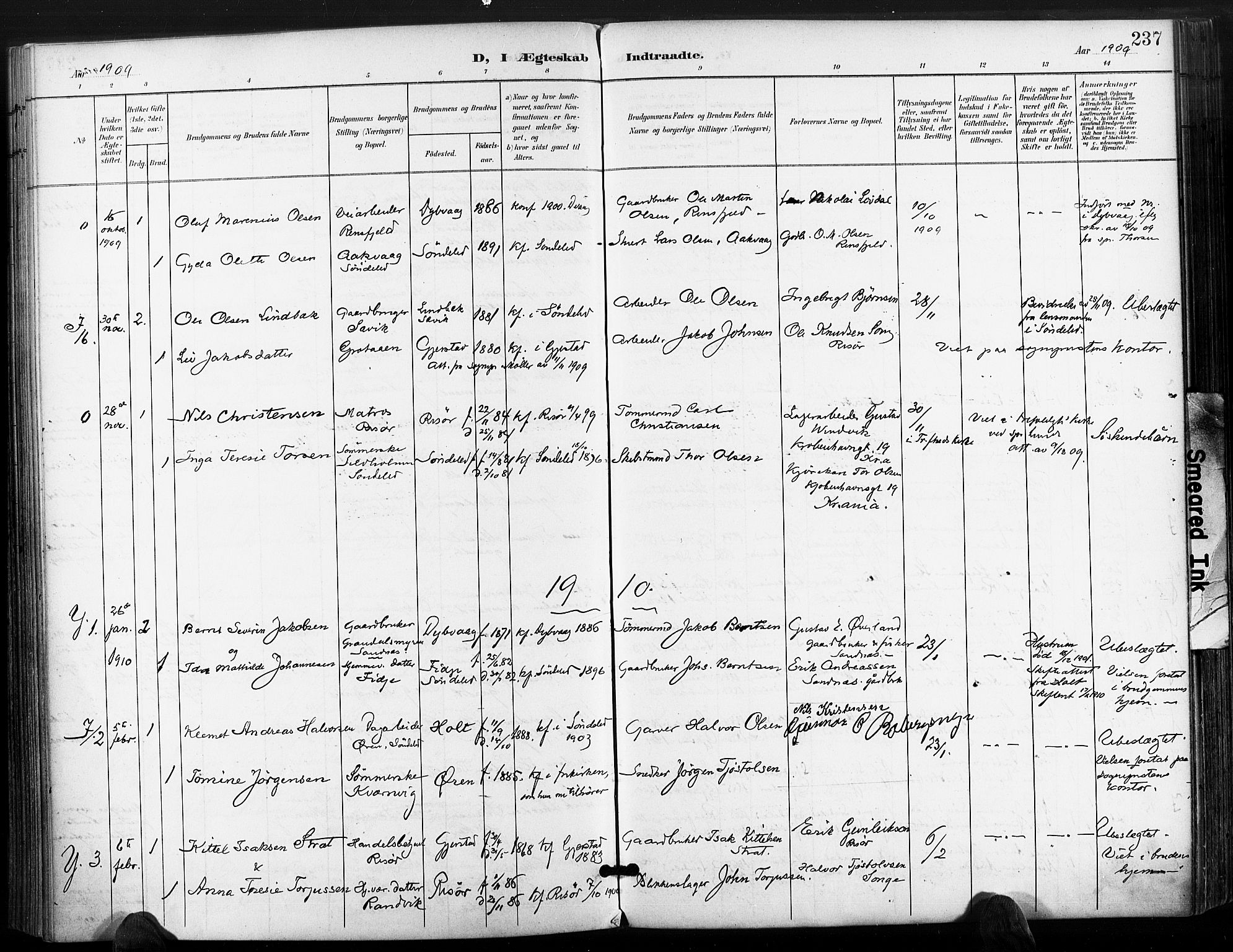 Søndeled sokneprestkontor, AV/SAK-1111-0038/F/Fa/L0006: Parish register (official) no. A 6, 1900-1922, p. 237