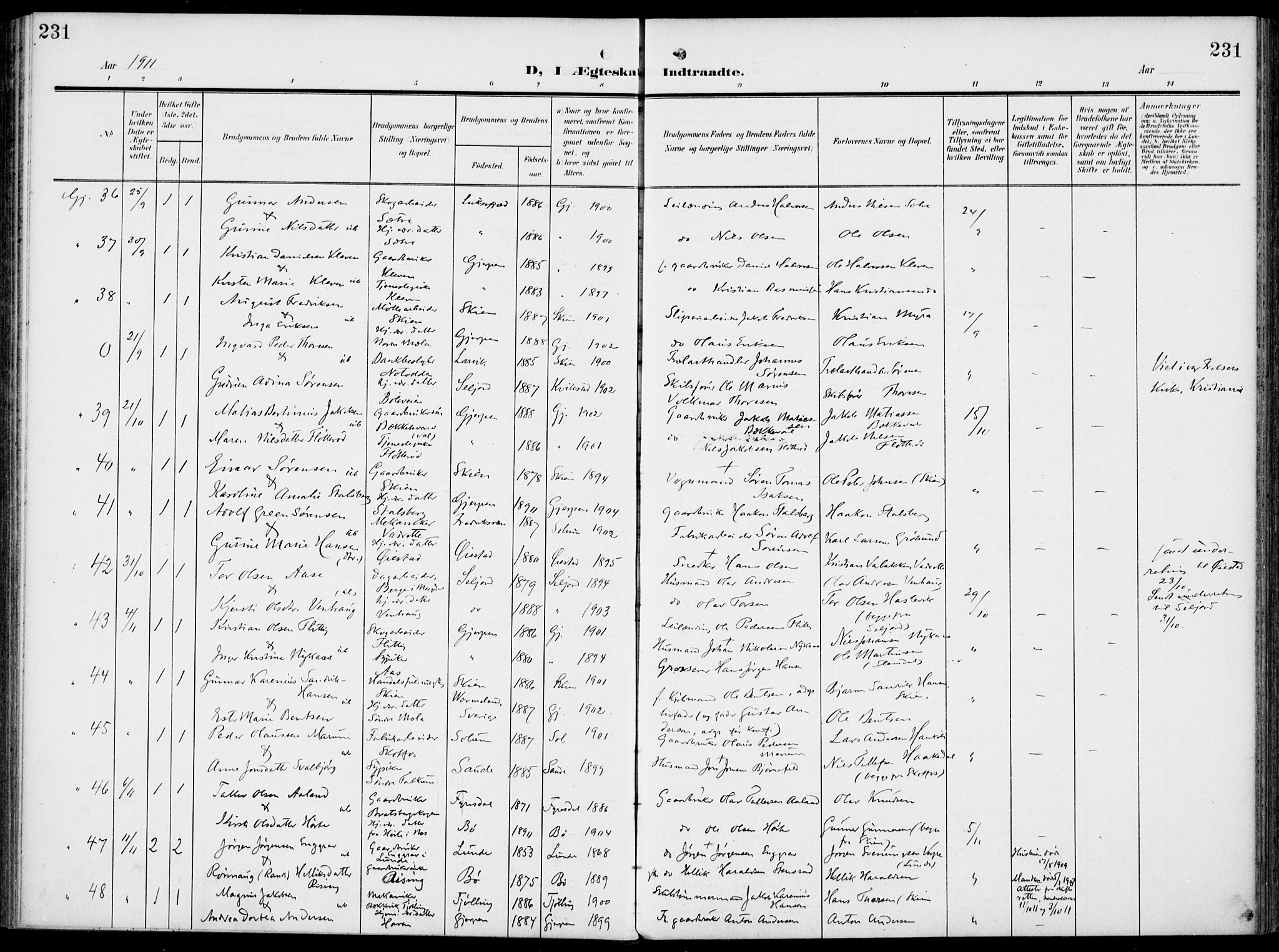 Gjerpen kirkebøker, AV/SAKO-A-265/F/Fa/L0012: Parish register (official) no. I 12, 1905-1913, p. 231