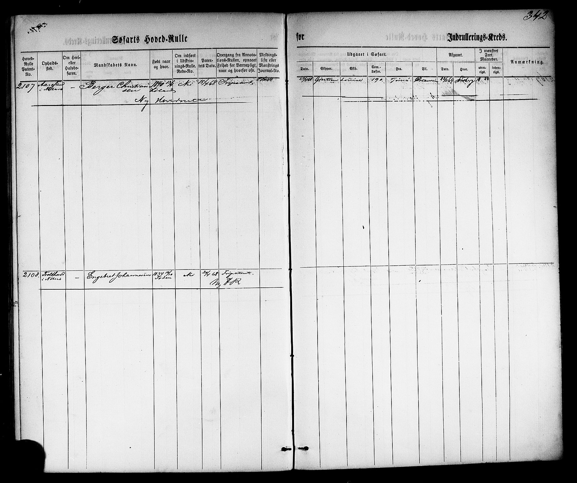 Tønsberg innrulleringskontor, SAKO/A-786/F/Fc/Fca/L0002: Hovedrulle Patent nr. 1429-2133, 1861-1868, p. 382