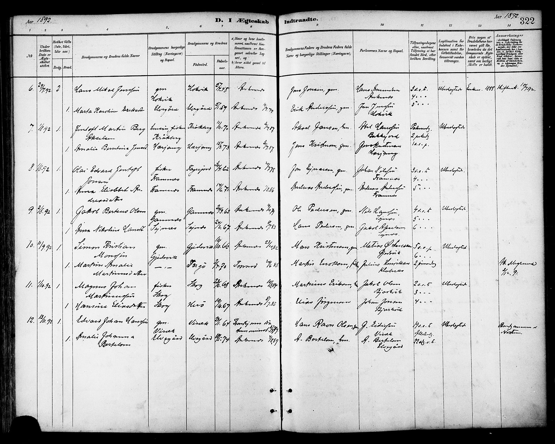 Ministerialprotokoller, klokkerbøker og fødselsregistre - Nordland, AV/SAT-A-1459/866/L0938: Parish register (official) no. 866A01, 1879-1893, p. 322