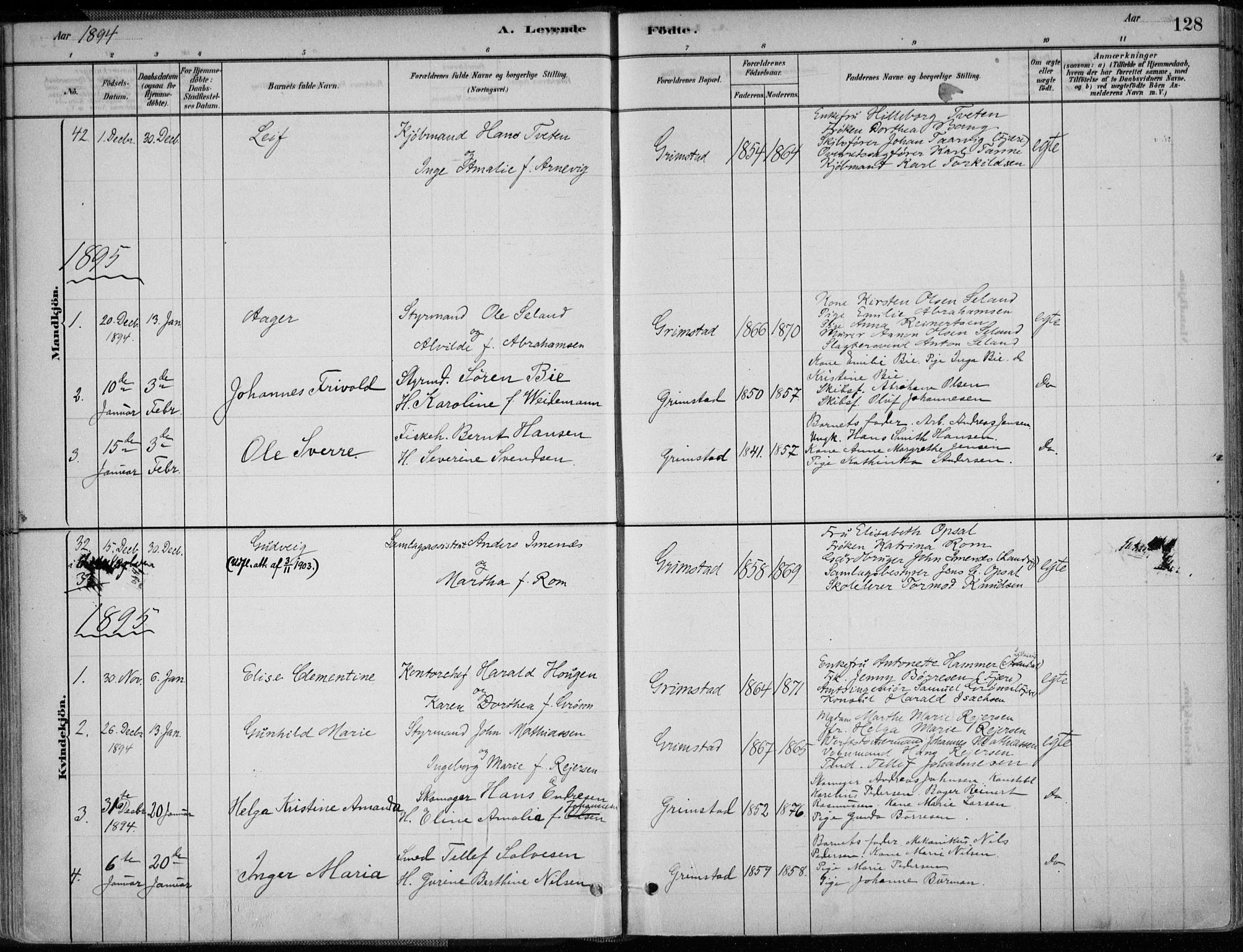 Grimstad sokneprestkontor, AV/SAK-1111-0017/F/Fa/L0003: Parish register (official) no. A 2, 1882-1912, p. 128