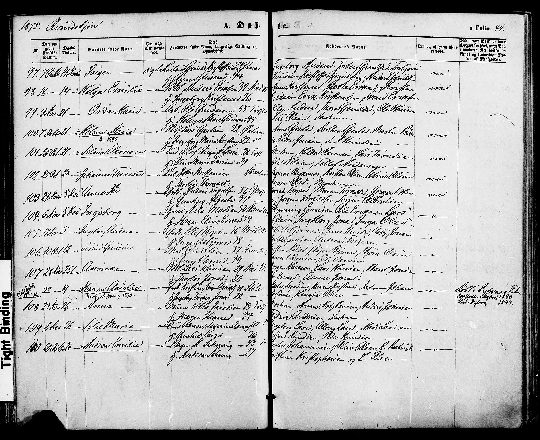 Holt sokneprestkontor, AV/SAK-1111-0021/F/Fa/L0010: Parish register (official) no. A 10, 1872-1885, p. 44