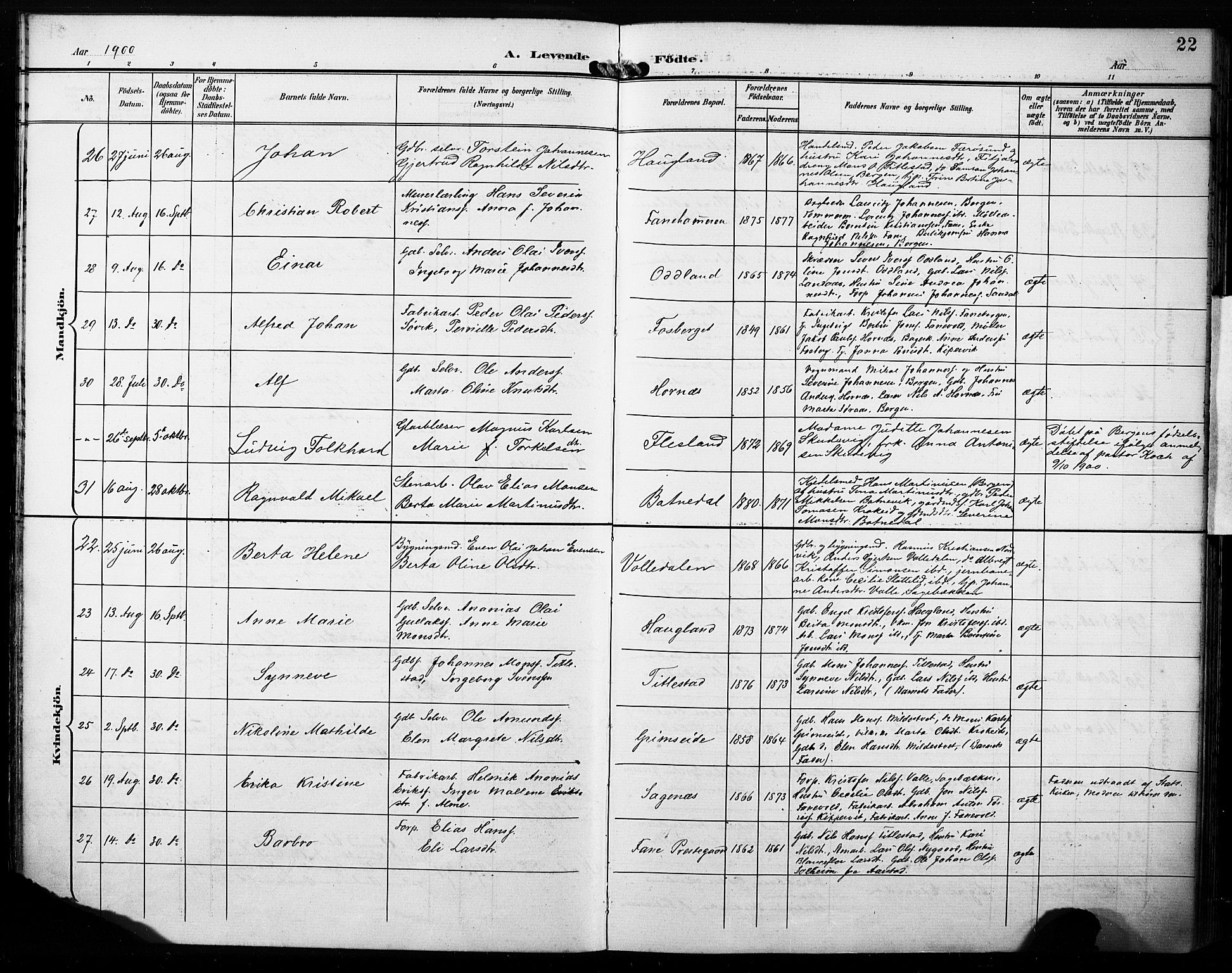 Fana Sokneprestembete, AV/SAB-A-75101/H/Haa/Haab/L0003: Parish register (official) no. B 3, 1898-1907, p. 22