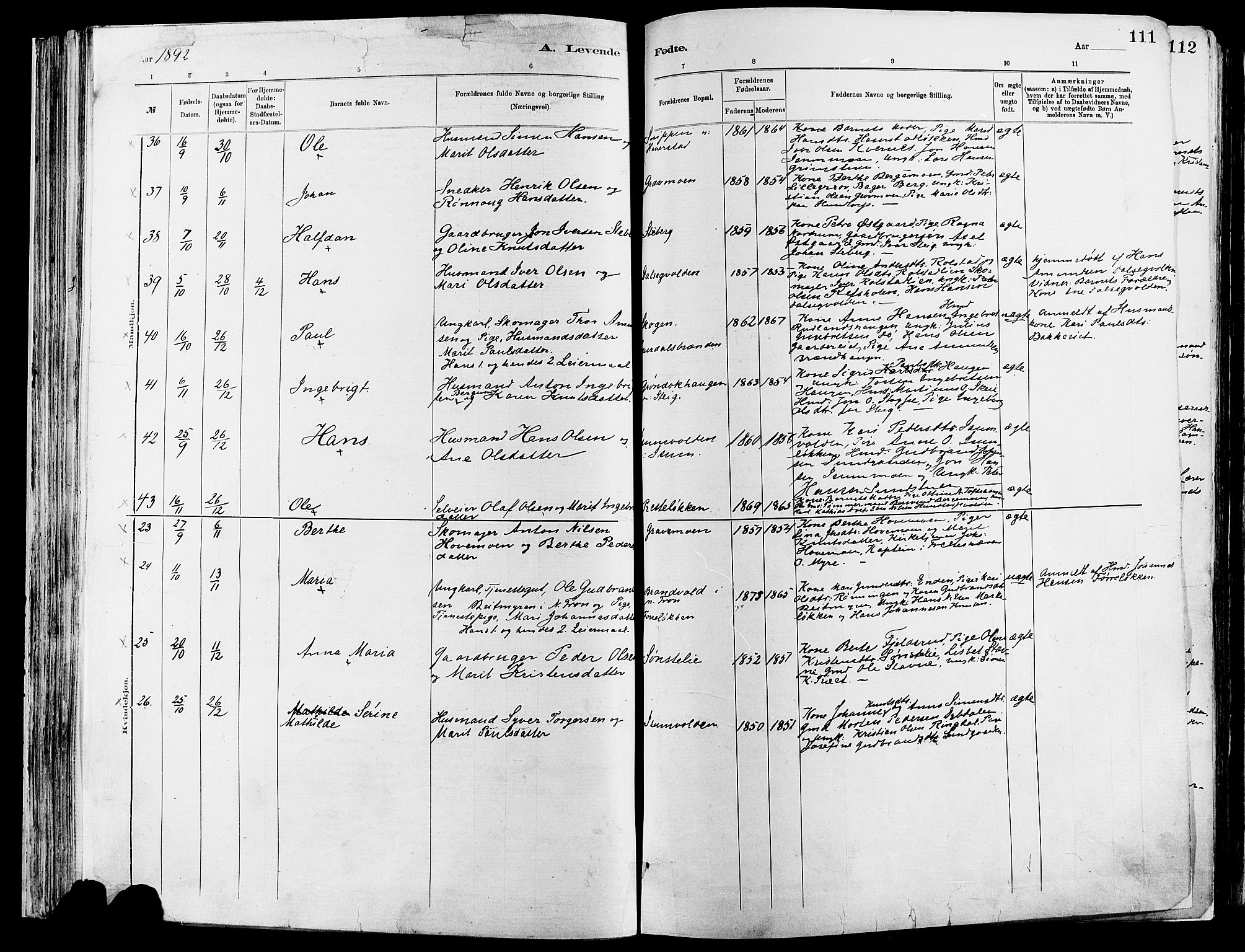 Sør-Fron prestekontor, AV/SAH-PREST-010/H/Ha/Haa/L0003: Parish register (official) no. 3, 1881-1897, p. 111