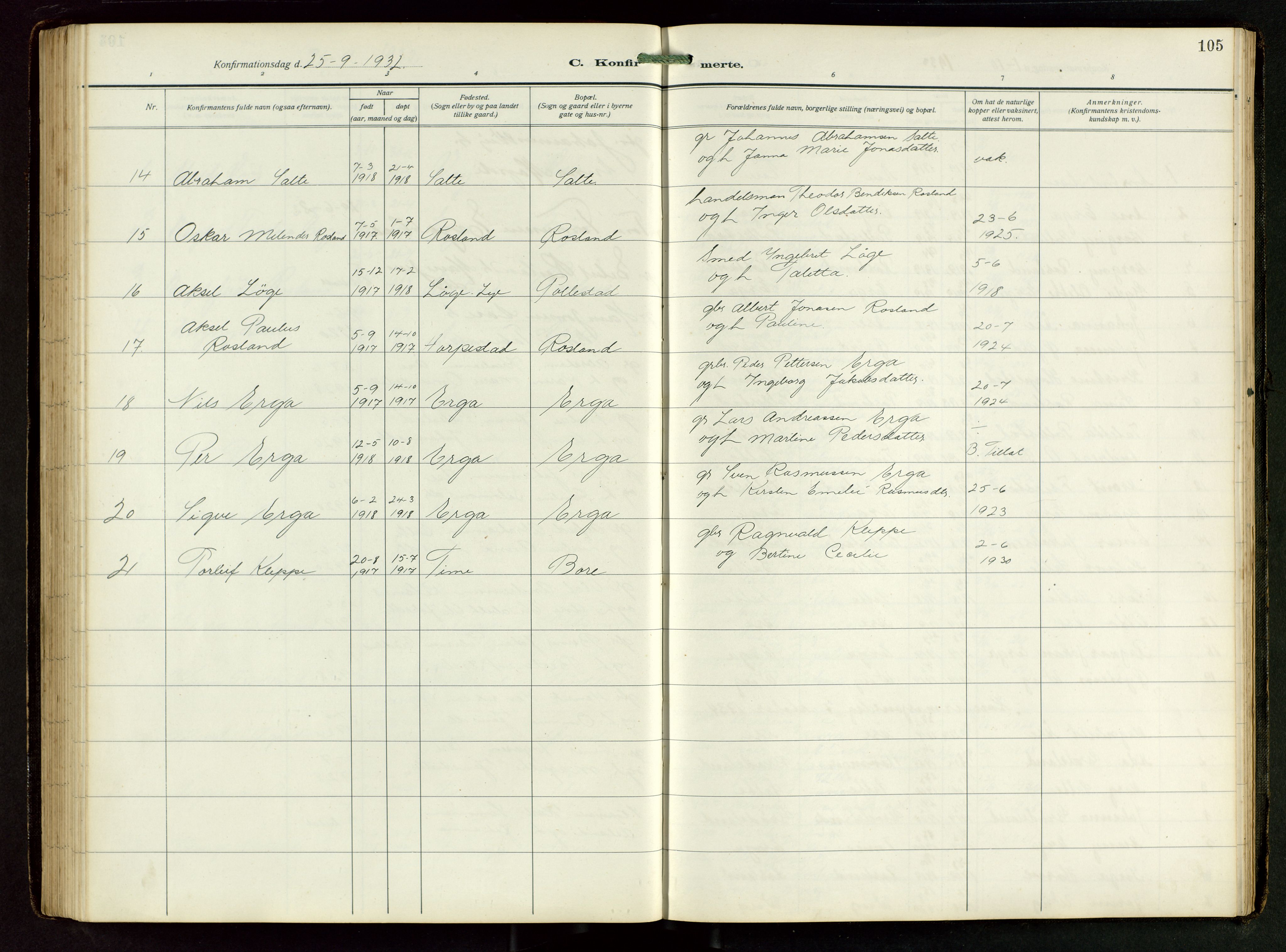Klepp sokneprestkontor, AV/SAST-A-101803/001/3/30BB/L0008: Parish register (copy) no. B 8, 1918-1949, p. 105