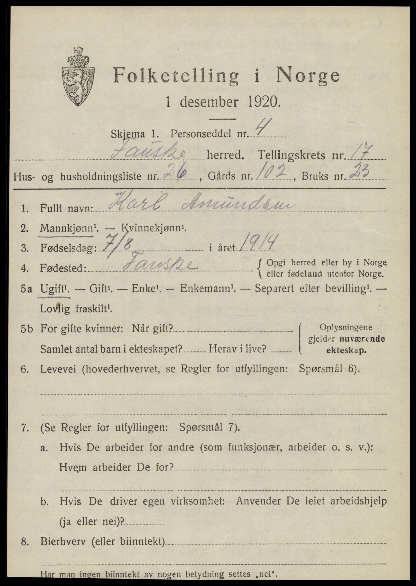 SAT, 1920 census for Fauske, 1920, p. 10808