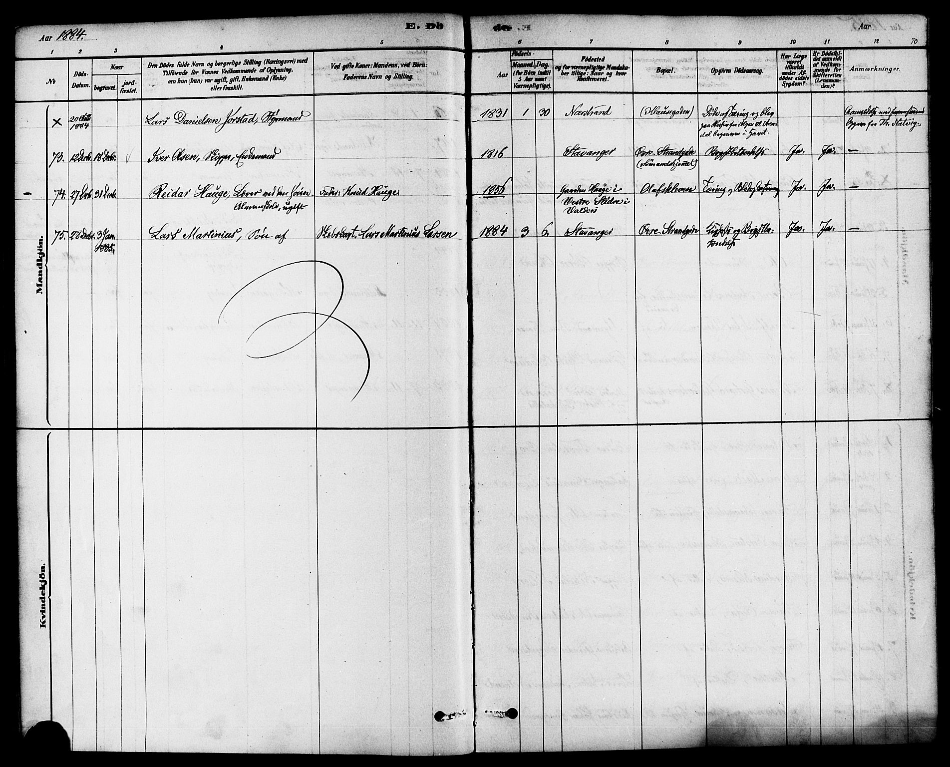 Domkirken sokneprestkontor, SAST/A-101812/001/30/30BA/L0027: Parish register (official) no. A 26, 1878-1896, p. 70