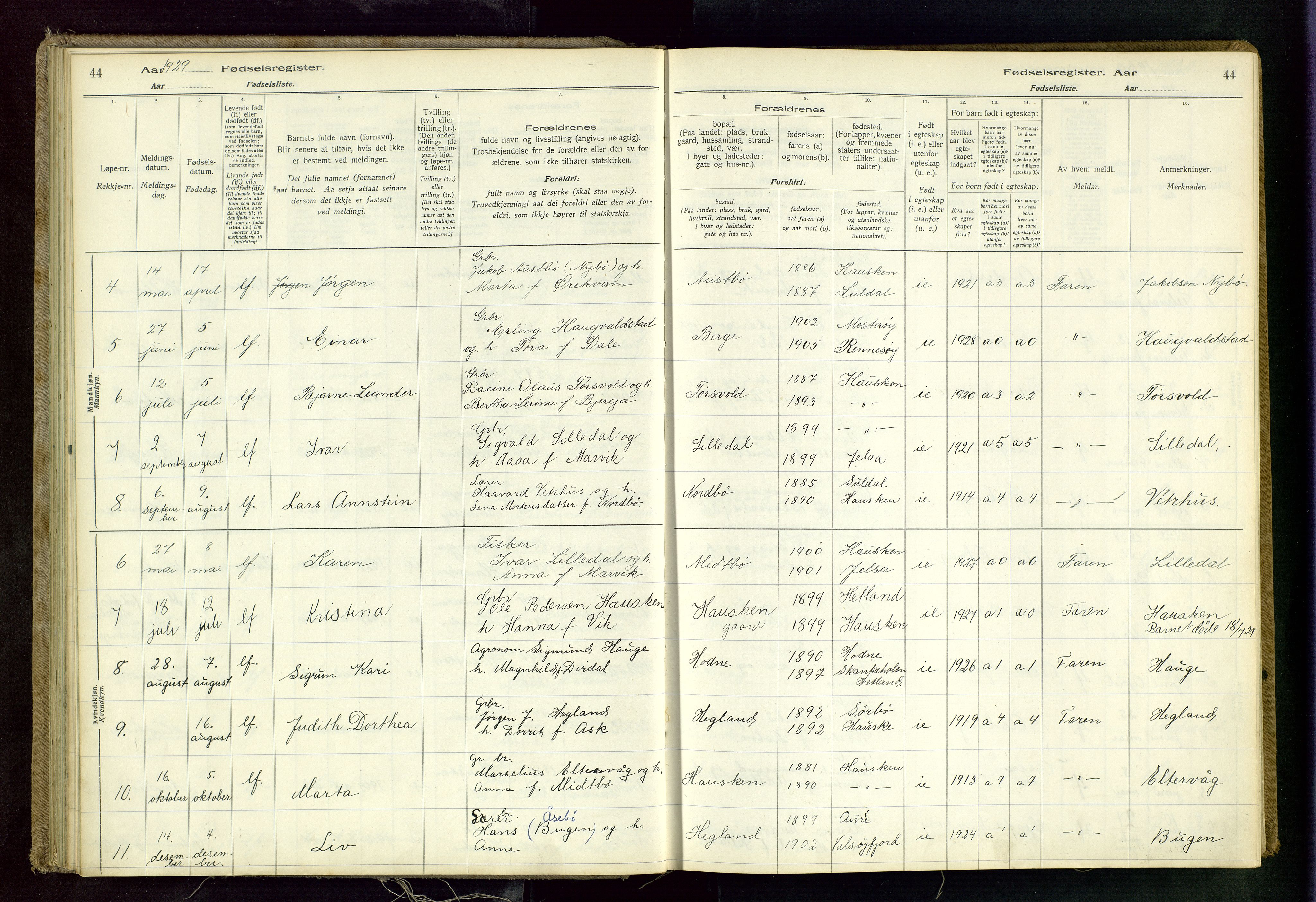 Rennesøy sokneprestkontor, AV/SAST-A -101827/I/Id/L0001: Birth register no. 1, 1916-1982, p. 44