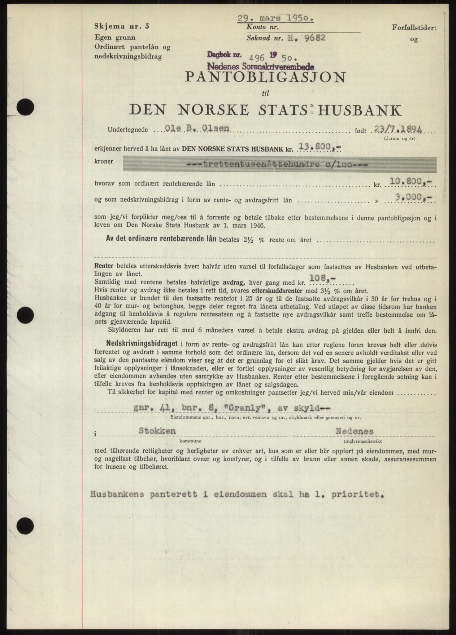 Nedenes sorenskriveri, AV/SAK-1221-0006/G/Gb/Gbb/L0007: Mortgage book no. B7, 1949-1950, Diary no: : 496/1950