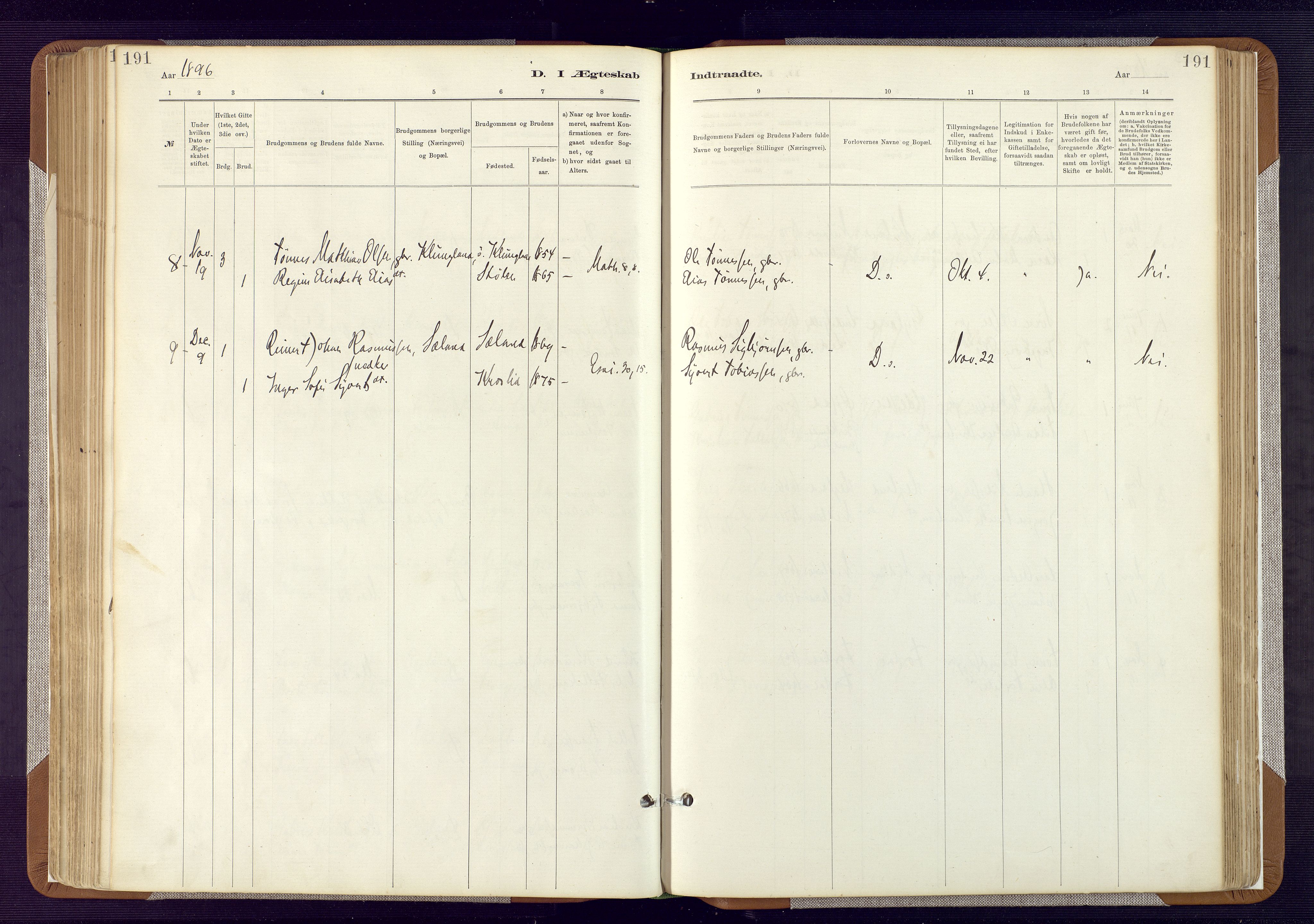 Bakke sokneprestkontor, SAK/1111-0002/F/Fa/Fab/L0003: Parish register (official) no. A 3, 1884-1921, p. 191