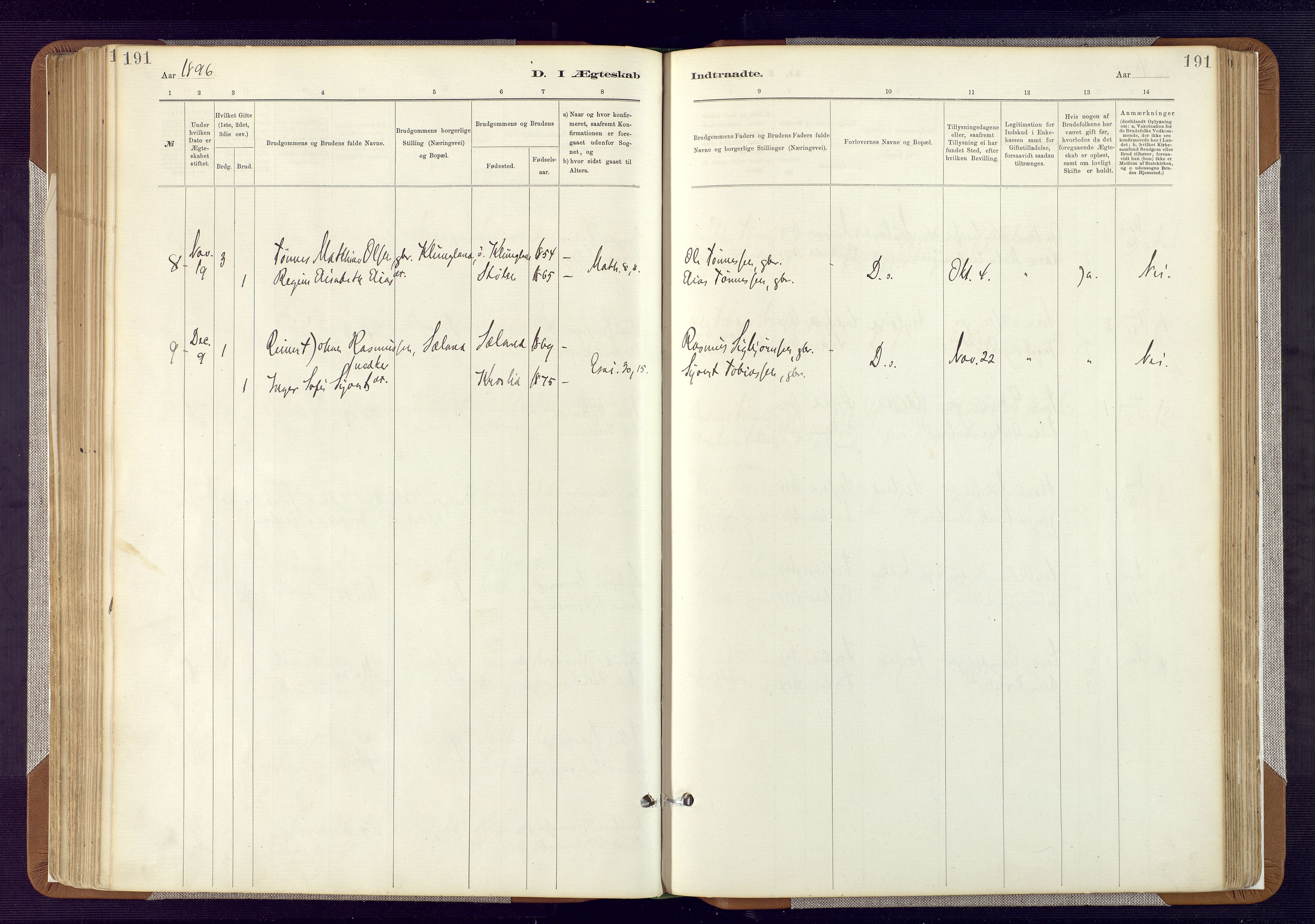 Bakke sokneprestkontor, AV/SAK-1111-0002/F/Fa/Fab/L0003: Parish register (official) no. A 3, 1884-1921, p. 191