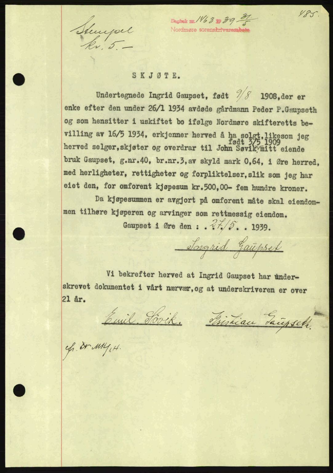 Nordmøre sorenskriveri, AV/SAT-A-4132/1/2/2Ca: Mortgage book no. A86, 1939-1939, Diary no: : 1463/1939