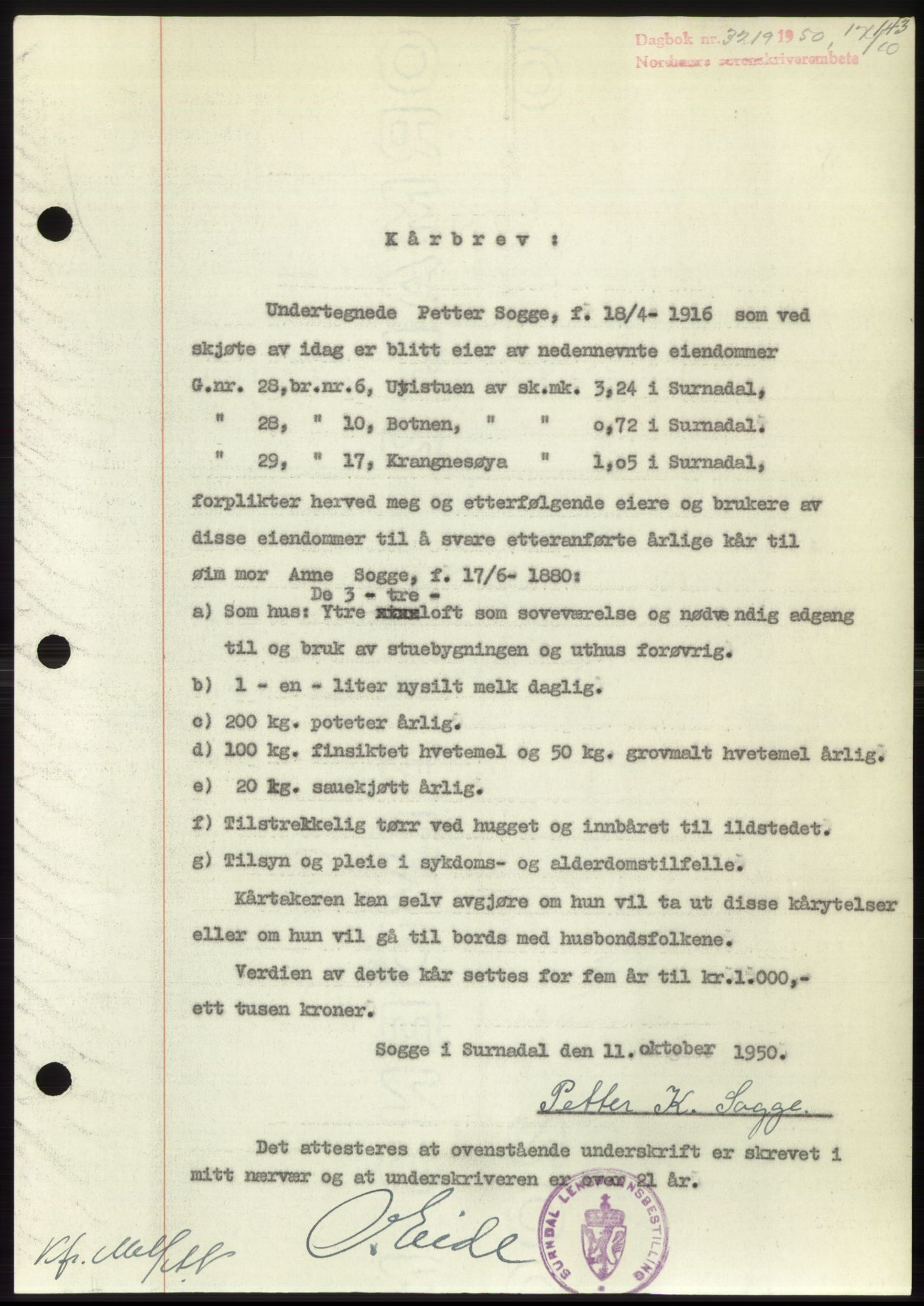 Nordmøre sorenskriveri, AV/SAT-A-4132/1/2/2Ca: Mortgage book no. B106, 1950-1950, Diary no: : 3219/1950