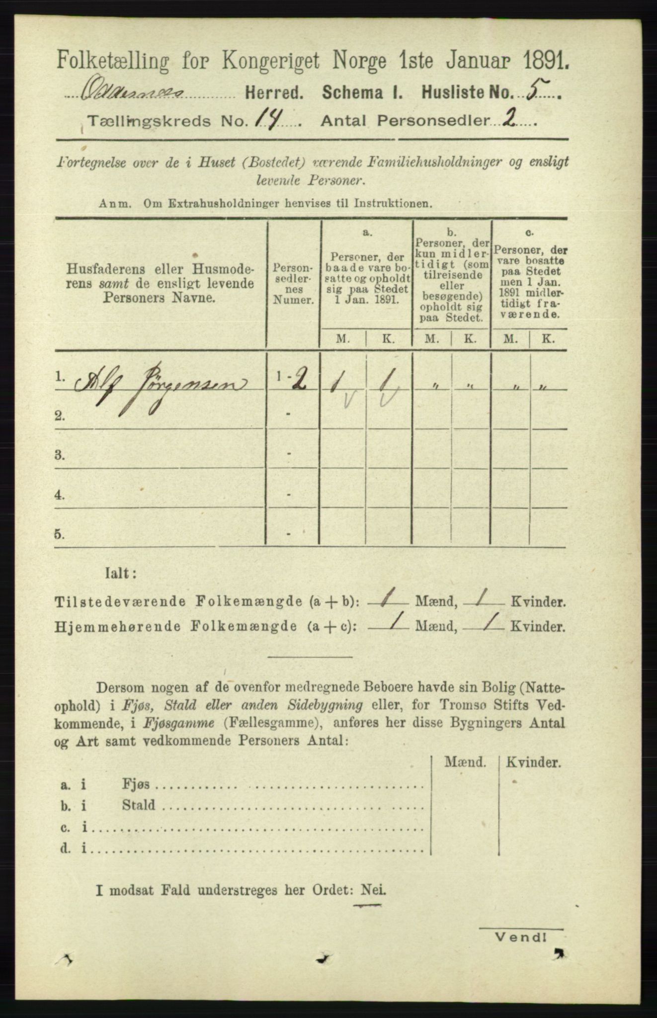 RA, 1891 census for 1012 Oddernes, 1891, p. 4843